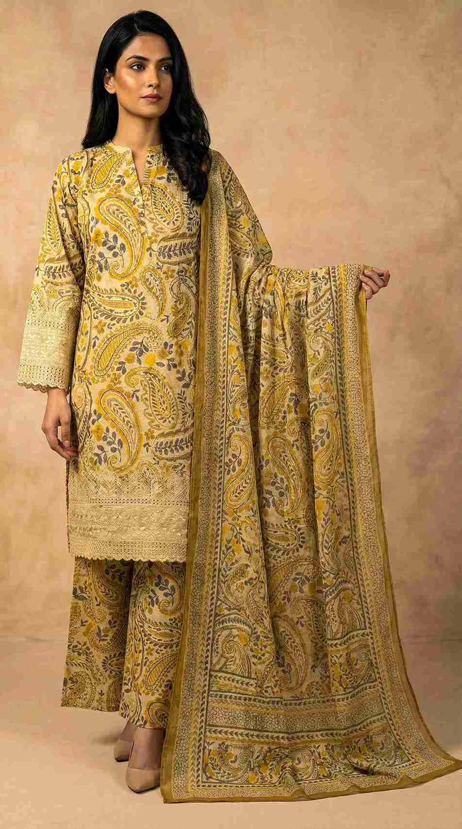 Woman wearing a yellow and green patterned traditional outfit with a matching dupatta against a beige background