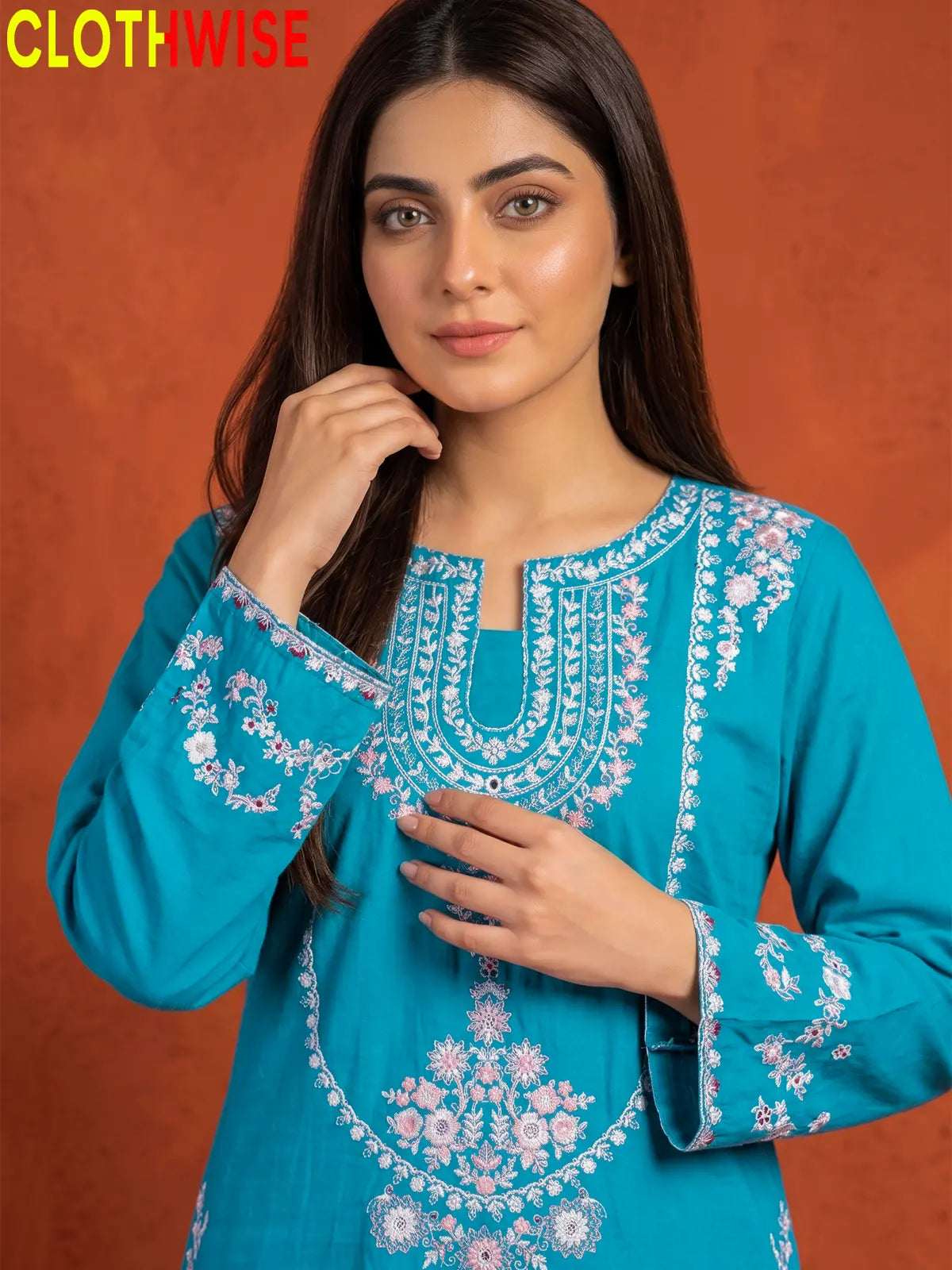 Zeenat Aqua sequin embroidered sleeves and gol daman neckline closeup