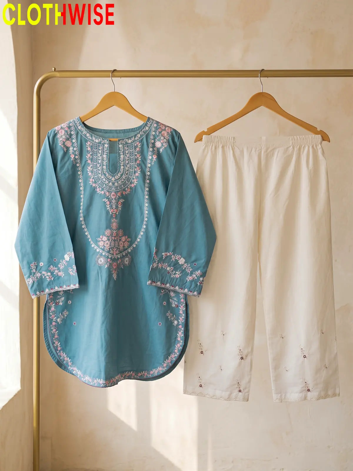 Zeenat Aqua 2-piece sequin embroidered suit - hanger display