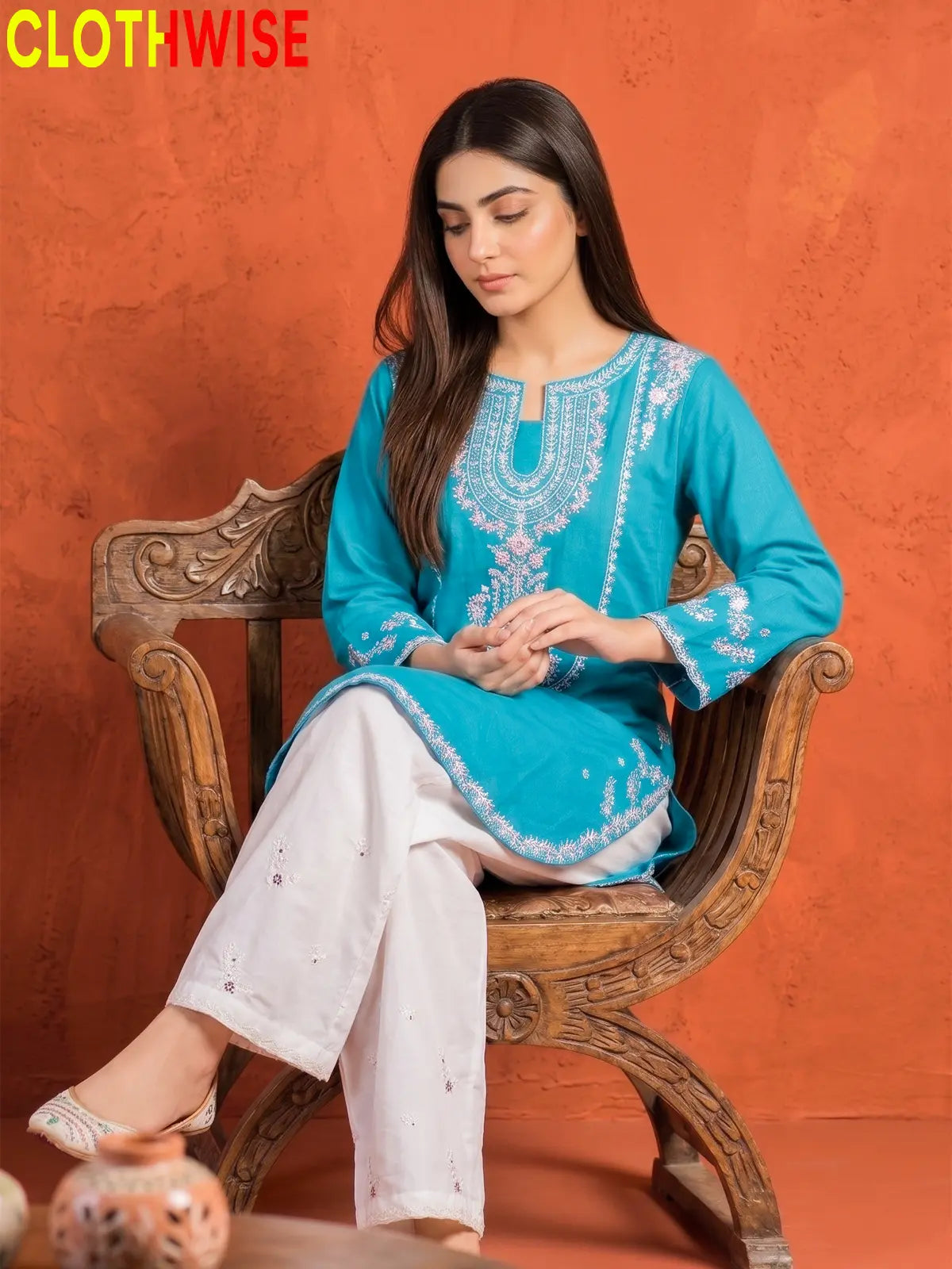 Zeenat Aqua 2-piece sequin embroidered suit - sitting pose