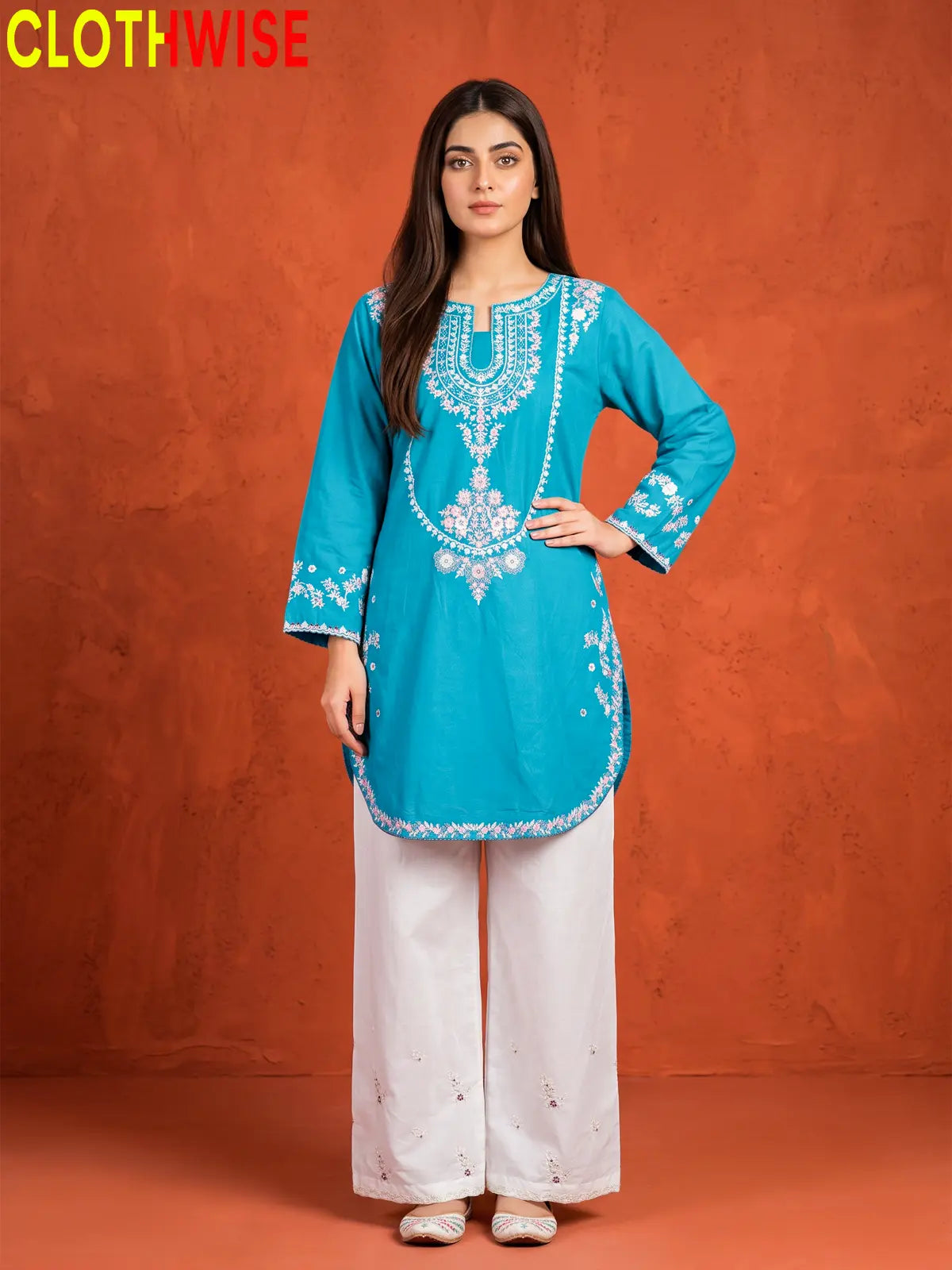 Zeenat Aqua 2-piece sequin embroidered suit - front standing view