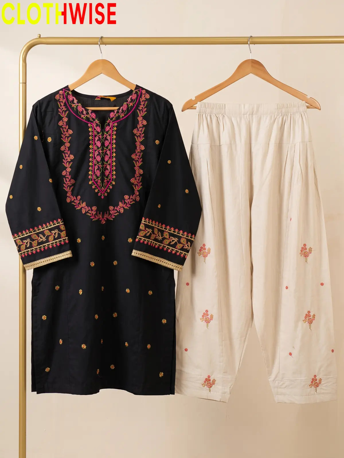 Noor – Embroidered Cotton Kurta with Floral Farshi Shalwar | 2Pc Stitched Suit