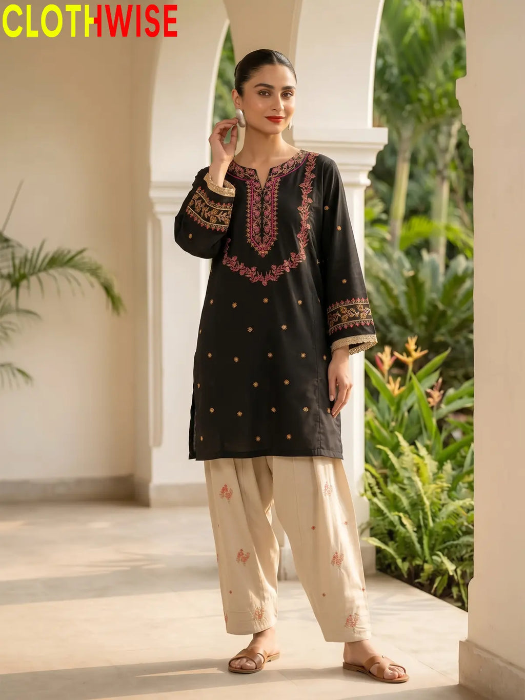 Noor – Embroidered Cotton Kurta with Floral Farshi Shalwar | 2Pc Stitched Suit
