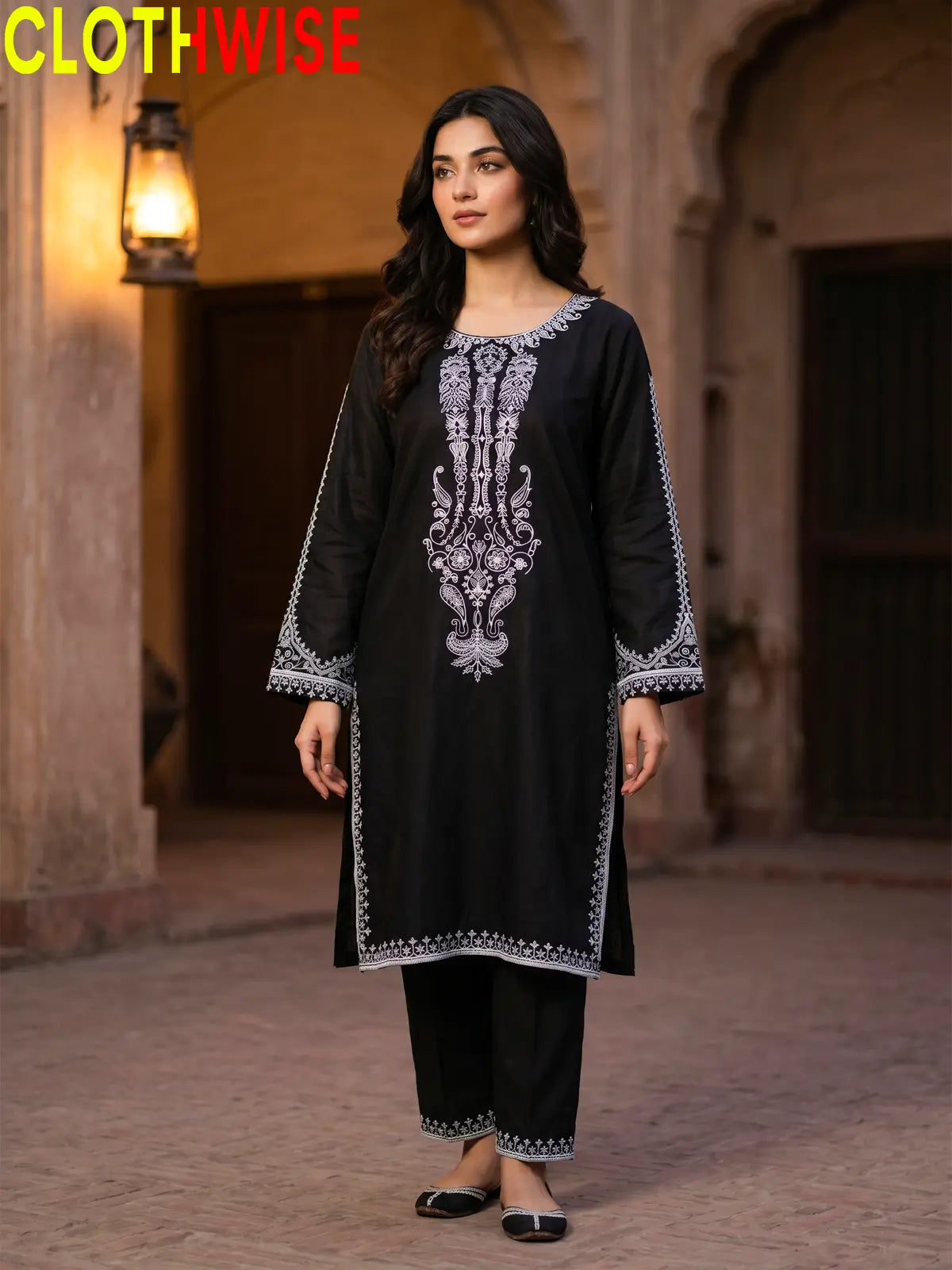 Andaz 2-Piece Embroidered Lawn Suit - Black - Front Standing Pose | CLOTHWISE