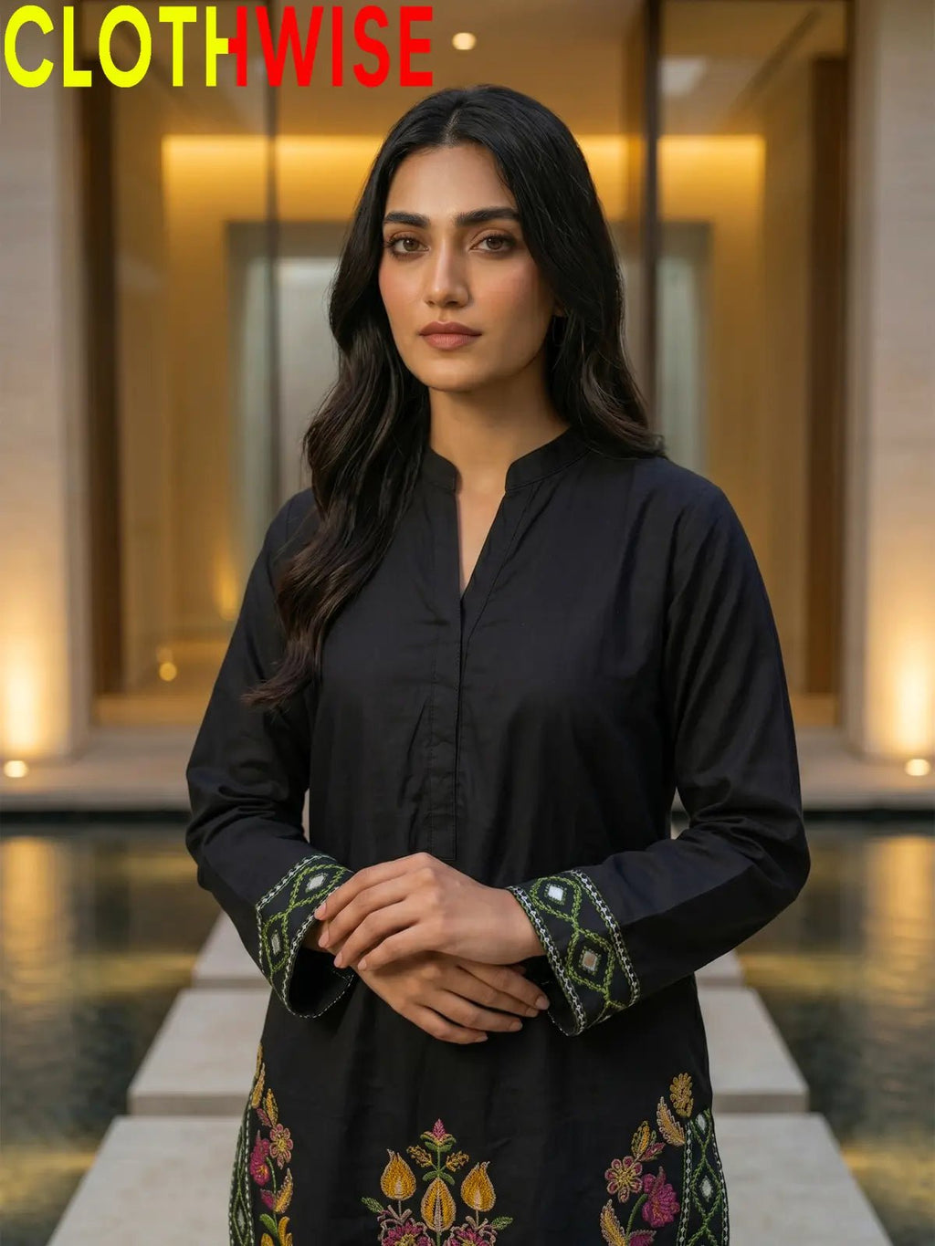 Shajar – Black 2-Piece Stitched Cotton Suit | Embroidered Top & Bottom with Flapper - Pakistani Women Pret | CLOTHWISE