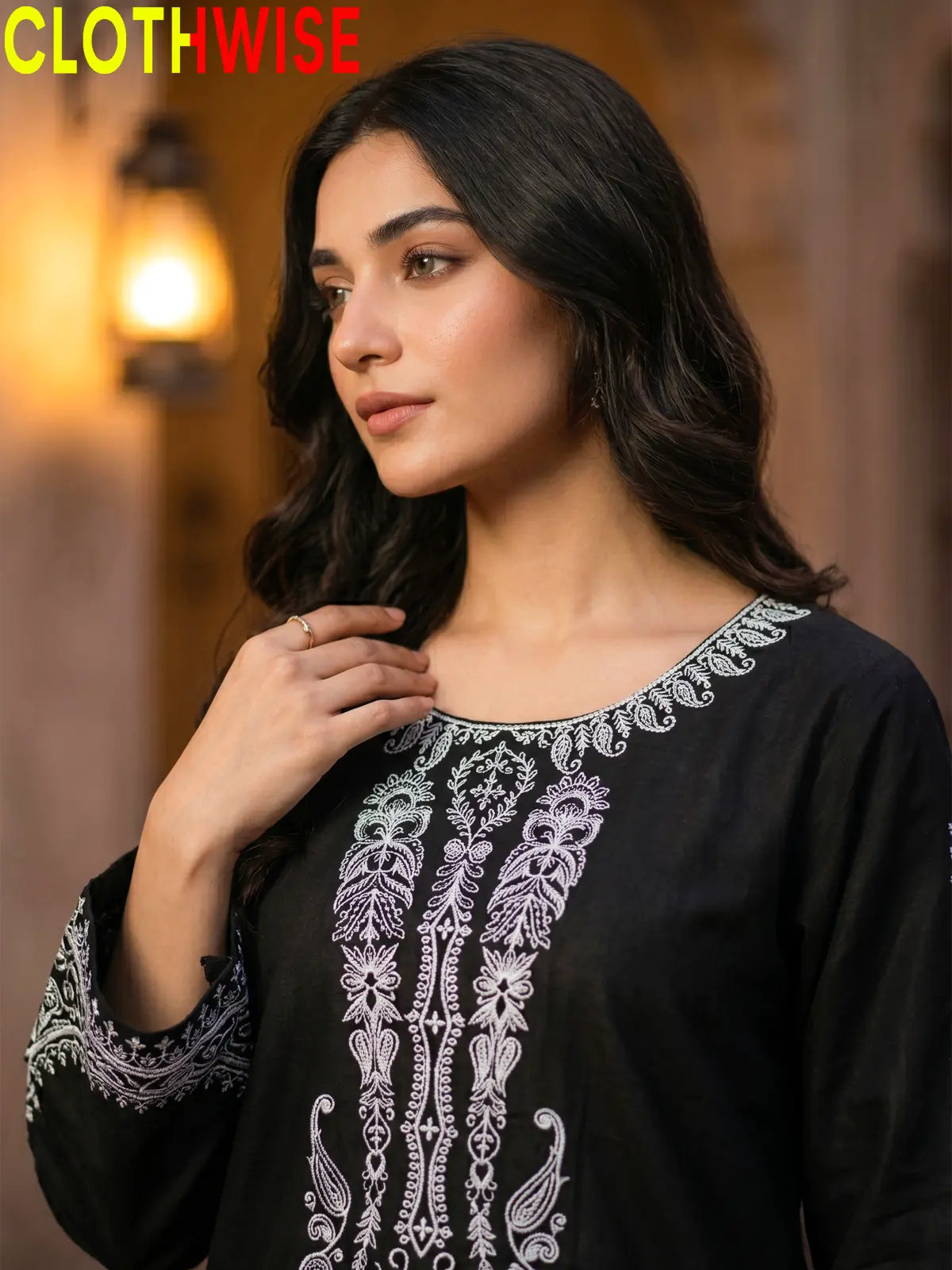 Andaz 2-Piece Embroidered Lawn Suit - Black - Neckline Embroidery Closeup | CLOTHWISE