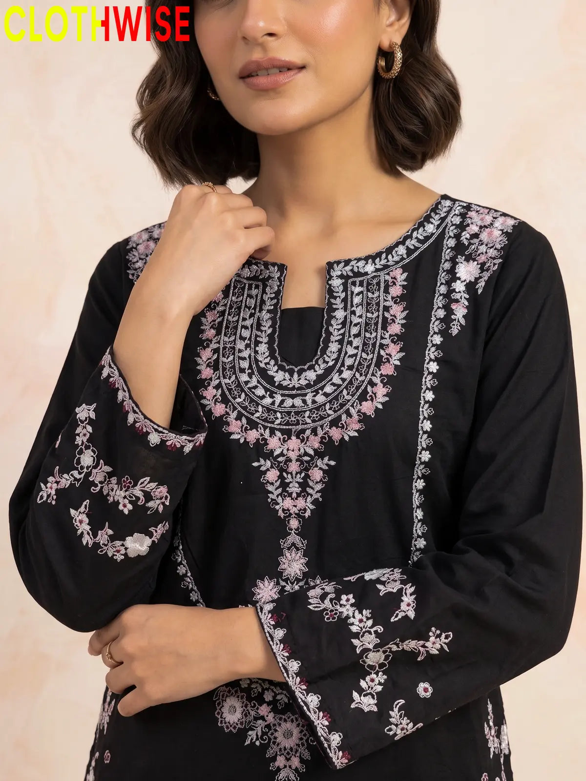 Zeenat Black sequin embroidered gol daman neckline closeup