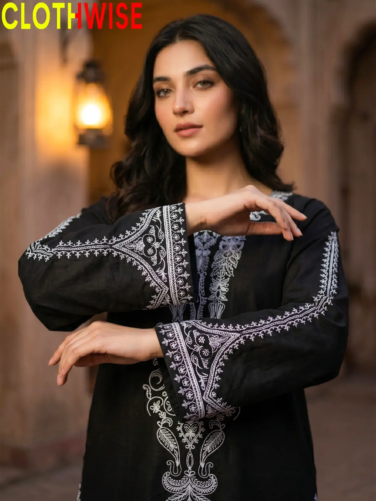 Andaz 2-Piece Embroidered Lawn Suit - Black - Sleeve Embroidery Closeup | CLOTHWISE