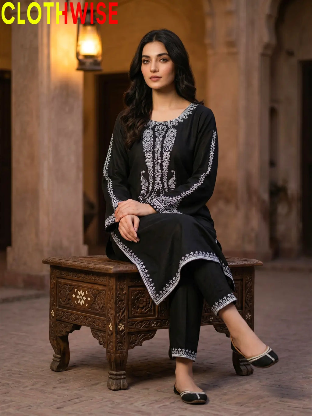 Andaz 2-Piece Embroidered Lawn Suit - Black - Sitting Pose | CLOTHWISE