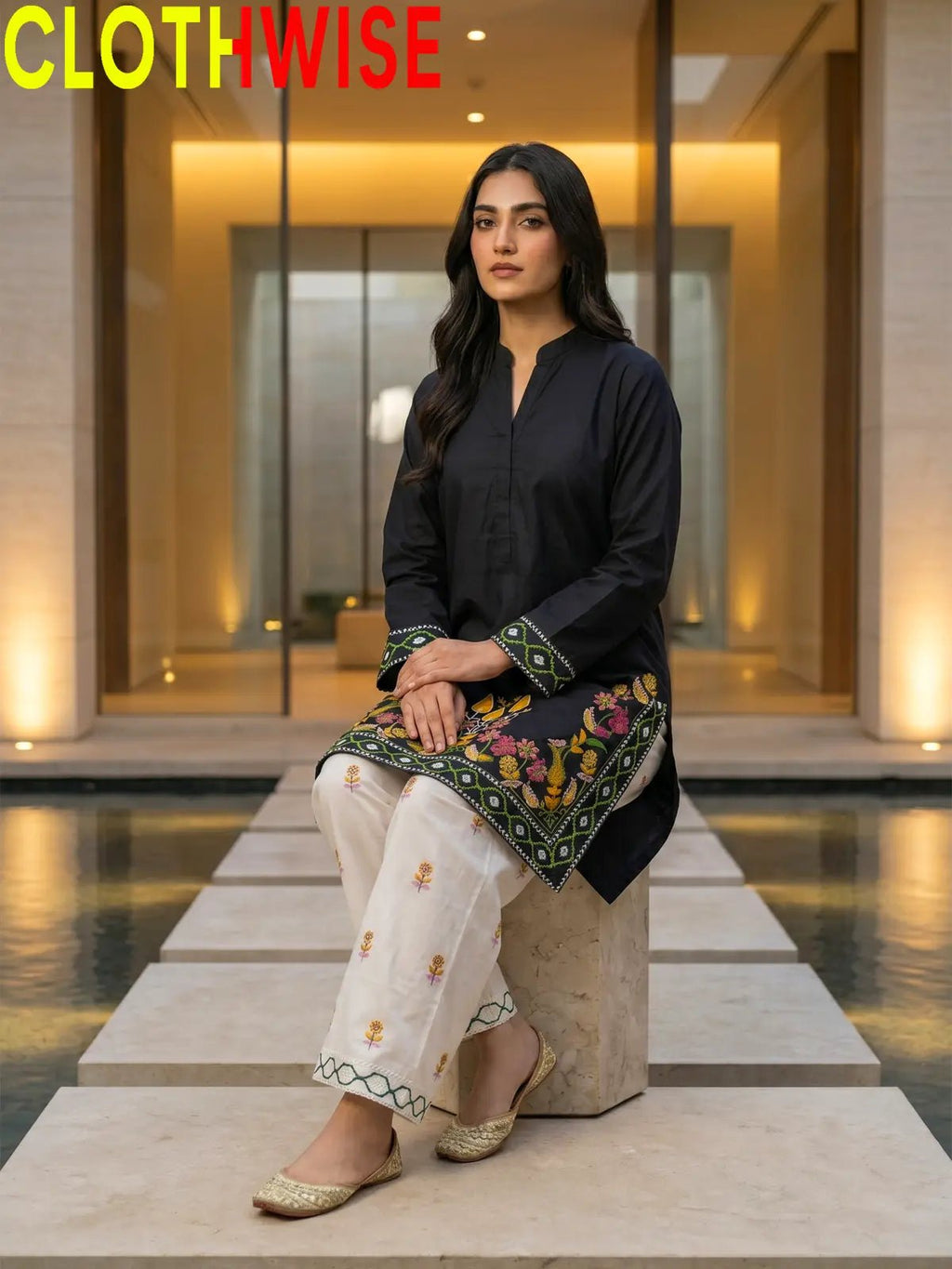 Shajar – Black 2-Piece Stitched Cotton Suit | Embroidered Top & Bottom with Flapper - Pakistani Women Pret | CLOTHWISE