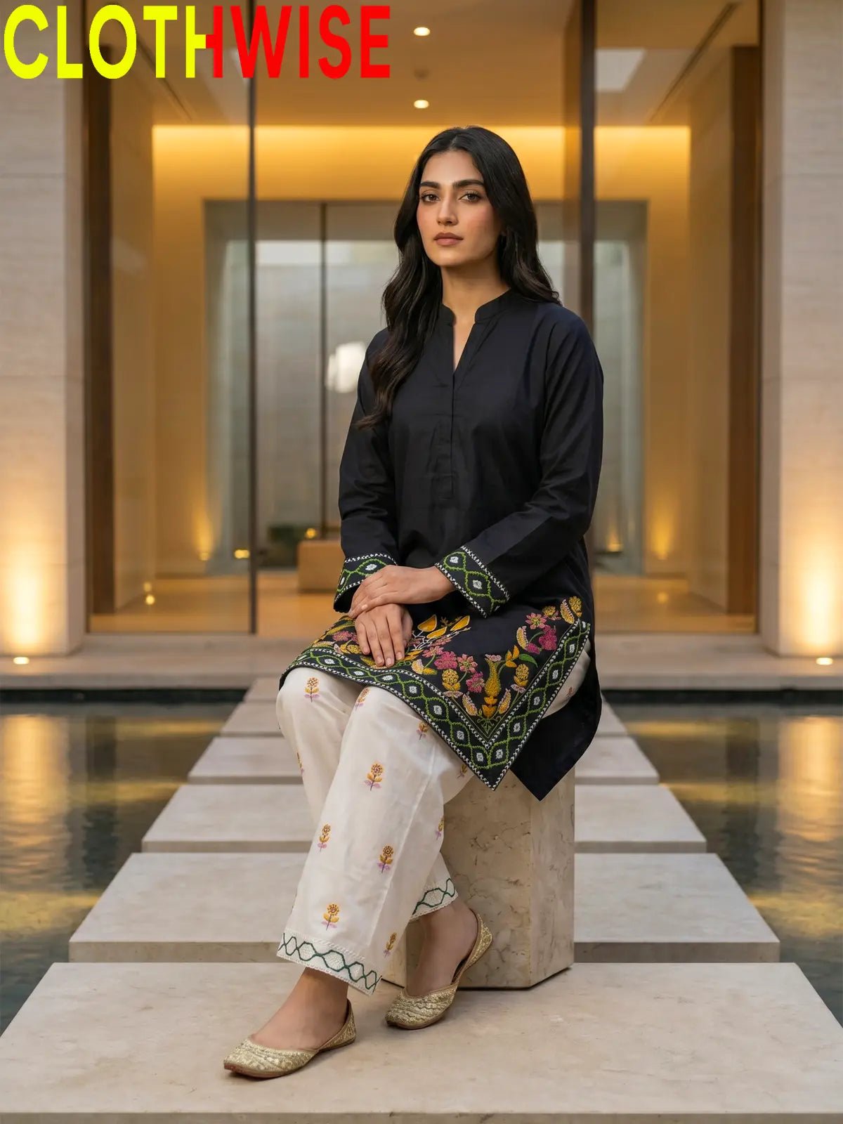 Shajar – Black 2-Piece Stitched Cotton Suit | Embroidered Top & Bottom with Flapper - Pakistani Women Pret | CLOTHWISE
