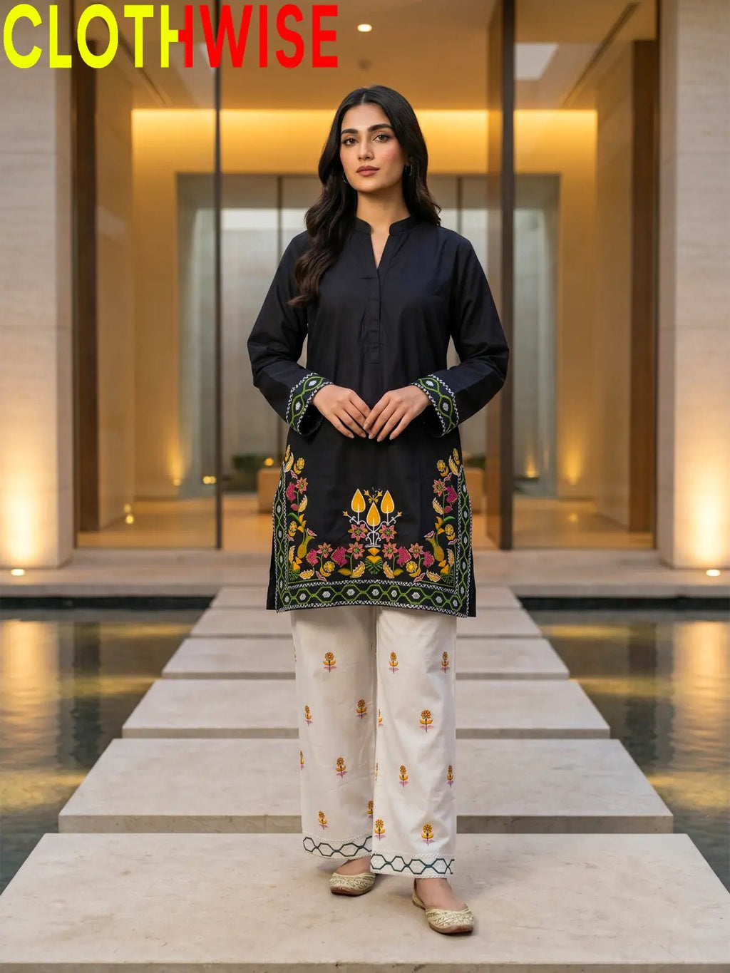 Shajar – Black 2-Piece Stitched Cotton Suit | Embroidered Top & Bottom with Flapper - Pakistani Women Pret | CLOTHWISE