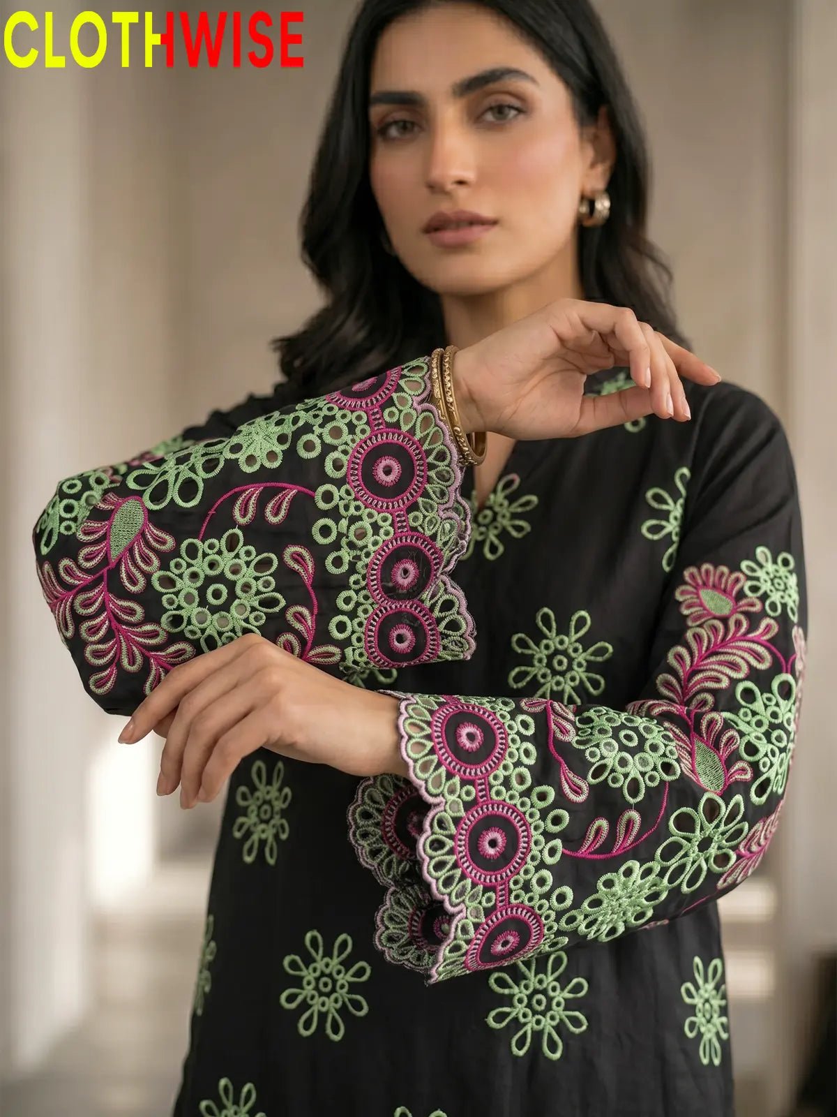 Nazakat – Black Laser Embroidered 2-Piece Cotton Co-ord Set - Pakistani Women Pret | CLOTHWISE
