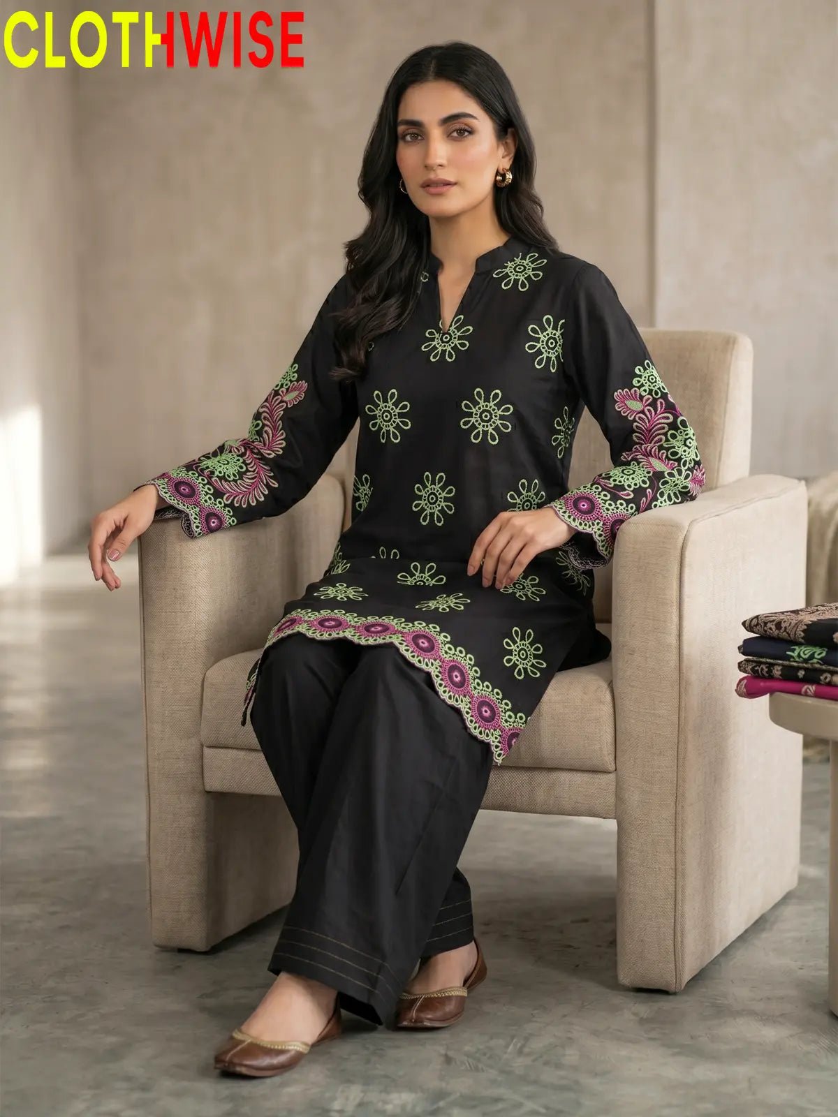 Nazakat – Black Laser Embroidered 2-Piece Cotton Co-ord Set - Pakistani Women Pret | CLOTHWISE