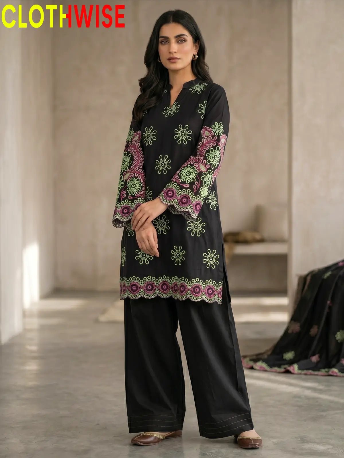 Nazakat – Black Laser Embroidered 2-Piece Cotton Co-ord Set - Pakistani Women Pret | CLOTHWISE