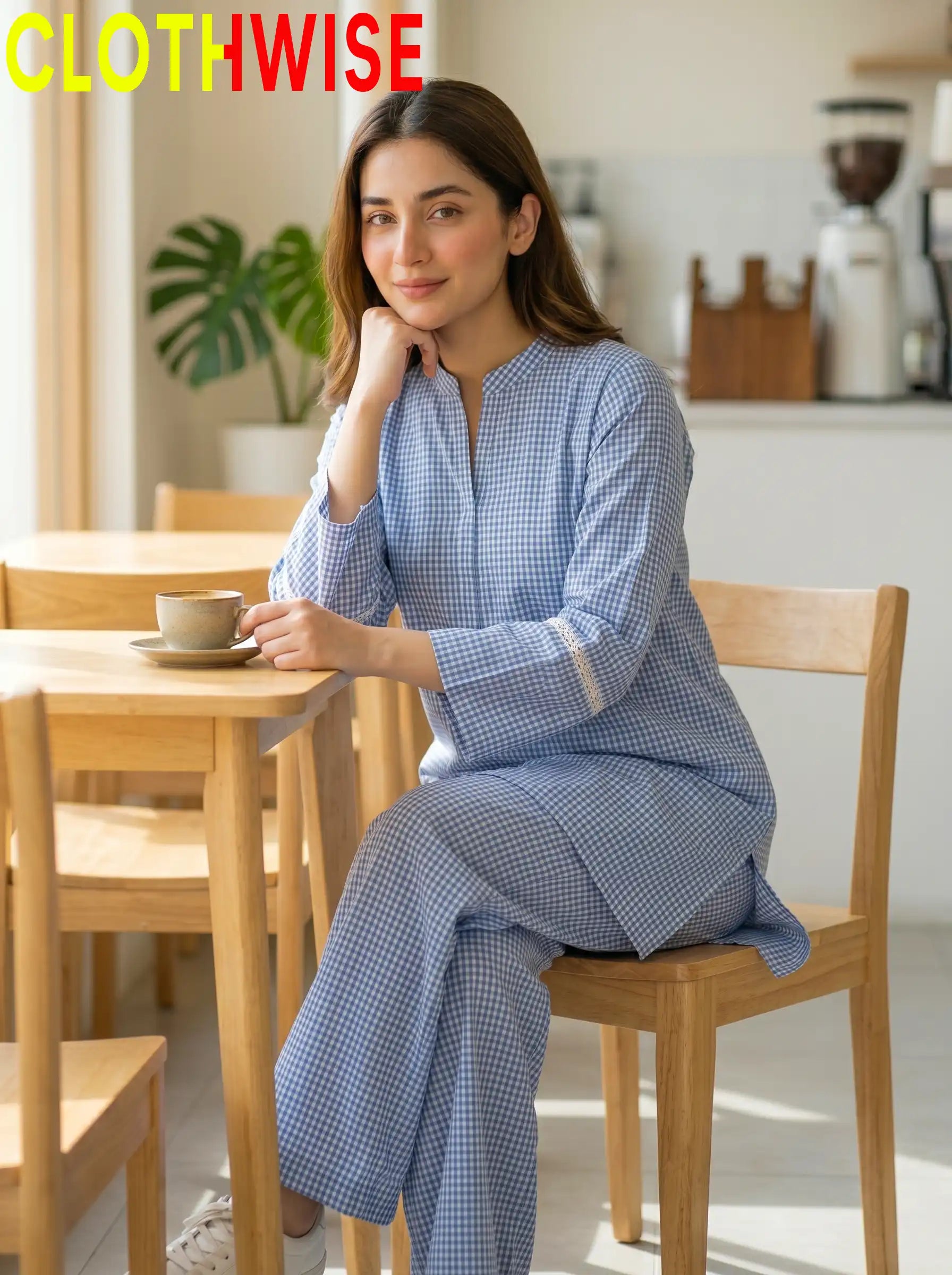 CloudWear Blue Checkered Print 2-Pcs Printed Co-ord Suit | Stitched Cotton Flapper Set - Pakistani Women Pret | CLOTHWISE