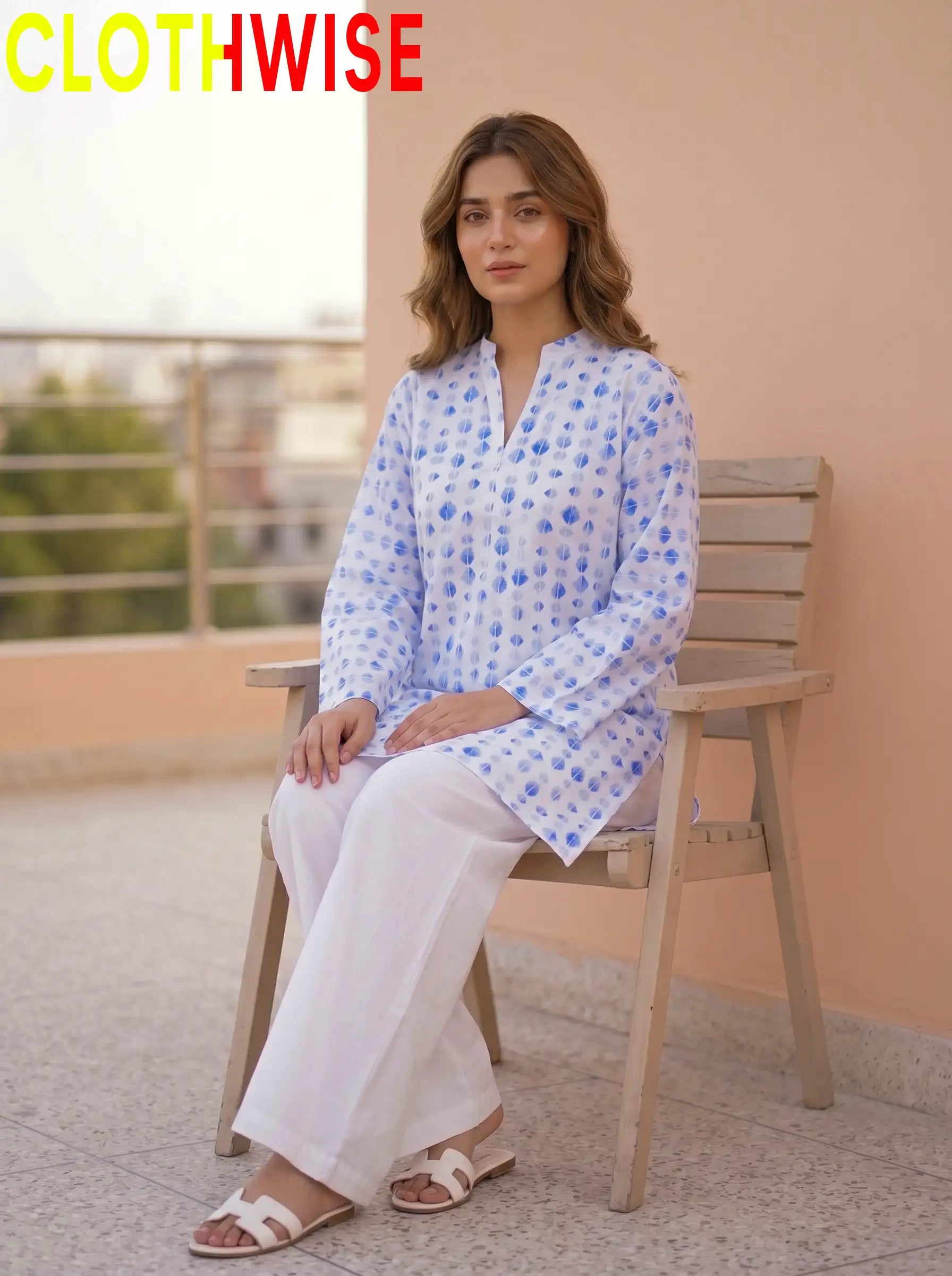 CloudWear Blue Pottery Print 2-Pcs Printed Co-ord Suit | Stitched Cotton Flapper Set - Pakistani Women Pret | CLOTHWISE
