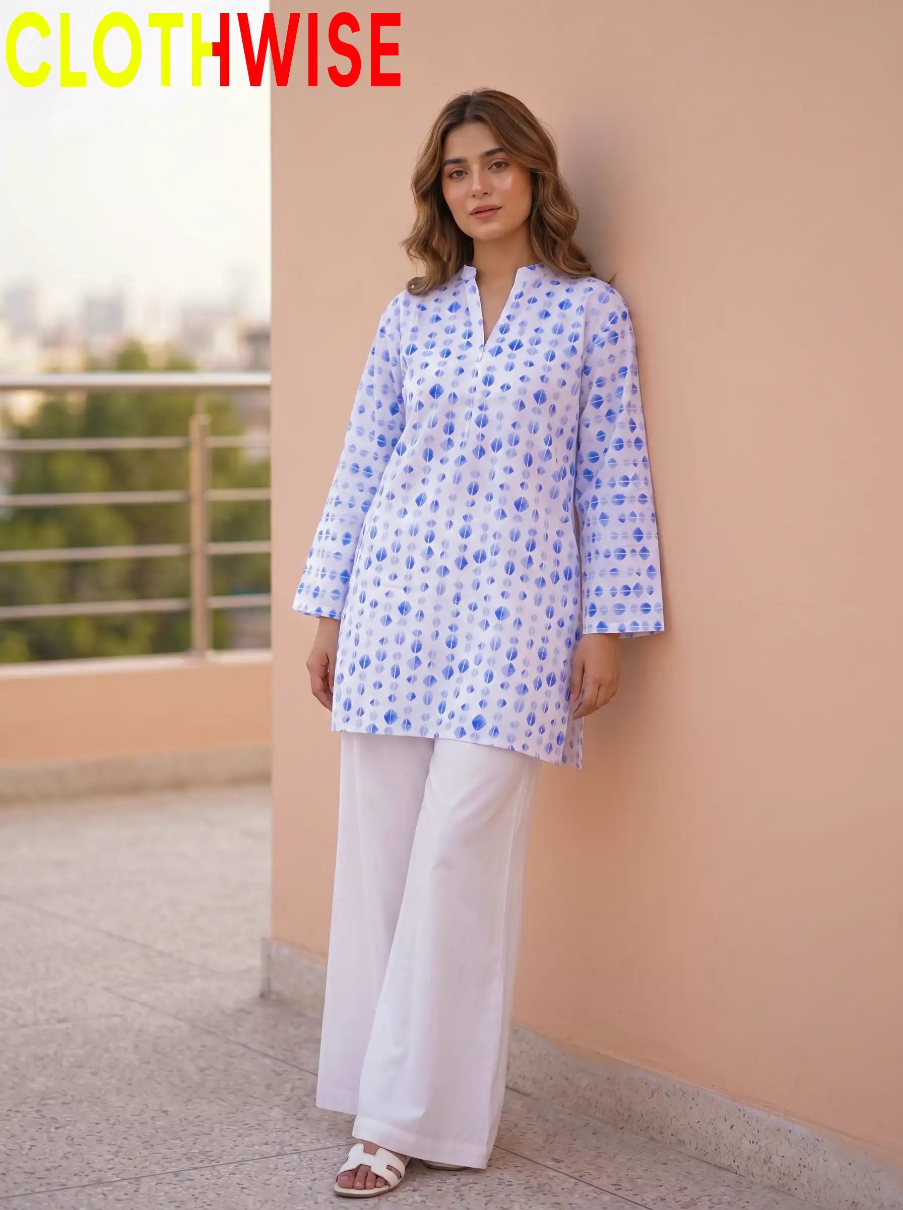 CloudWear Blue Pottery Print 2-Pcs Printed Co-ord Suit | Stitched Cotton Flapper Set - Pakistani Women Pret | CLOTHWISE