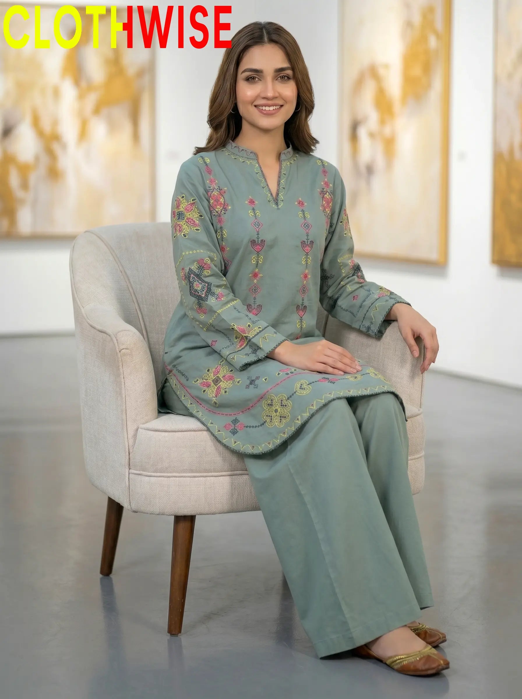 Taana Baana Blue Smoke Embroidered Cotton Suit – Sitting View