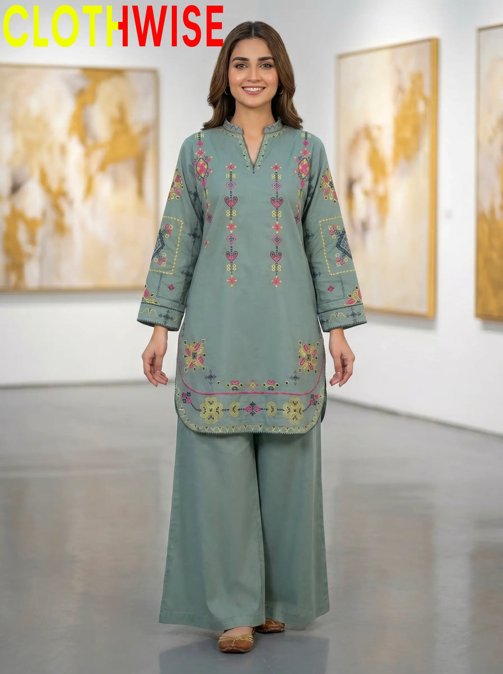 Taana Baana Blue Smoke Embroidered 2-Piece Cotton Co-ord Set – Standing View