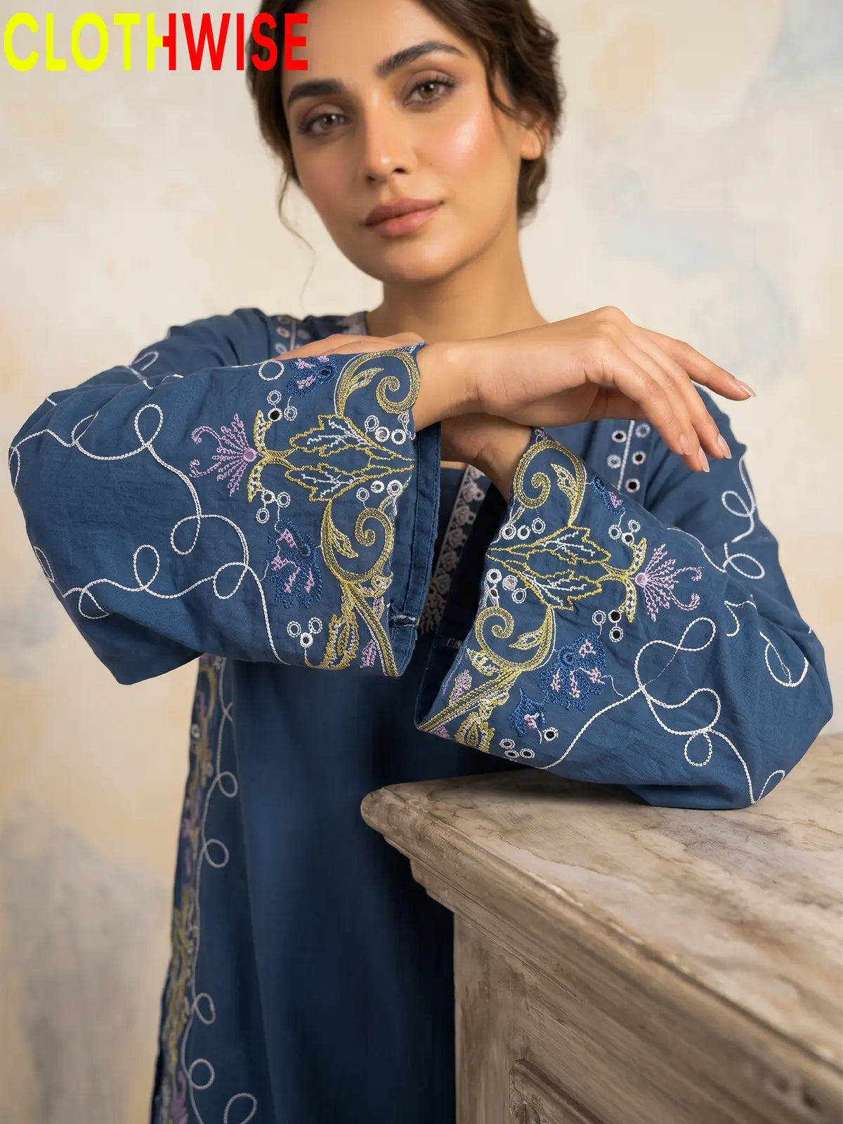 Haseen Blue embroidered lawn suit - sleeve embroidery close-up