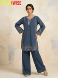 Haseen Blue embroidered 2-piece lawn suit - front standing view