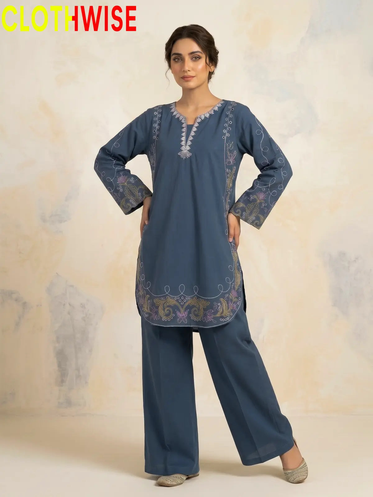 Haseen Blue embroidered 2-piece lawn suit - front standing view