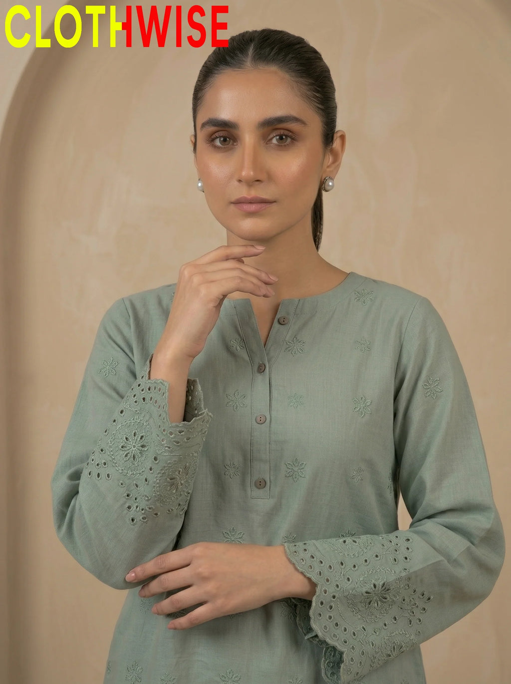 Tabeer Dusty Green close-up of chikankari embroidery and cutwork daman detailing | Clothwise