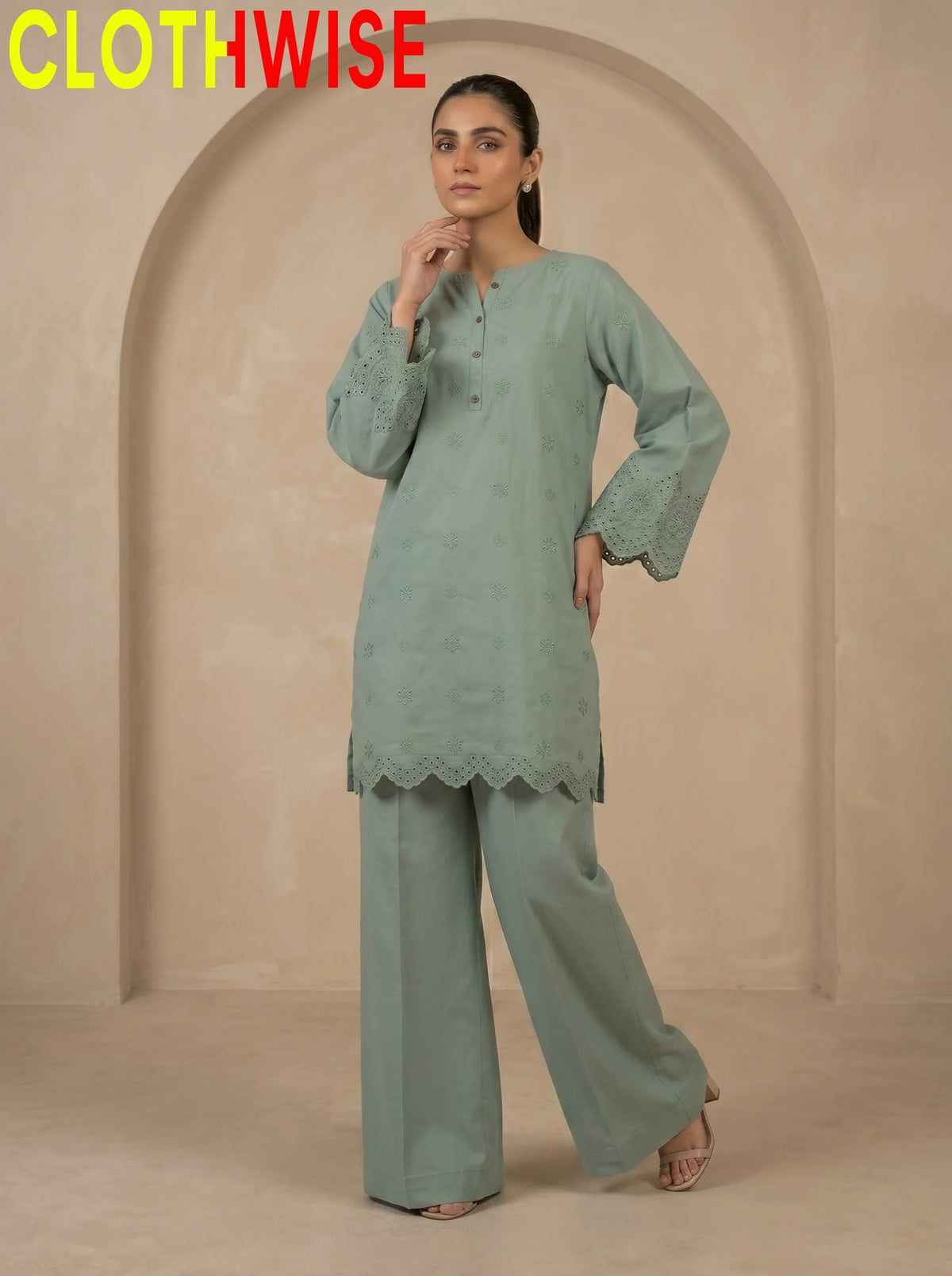 Tabeer 2-piece printed cotton suit Dusty Green – standing front view | Clothwise