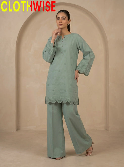 Tabeer 2-piece printed cotton suit Dusty Green – standing front view | Clothwise