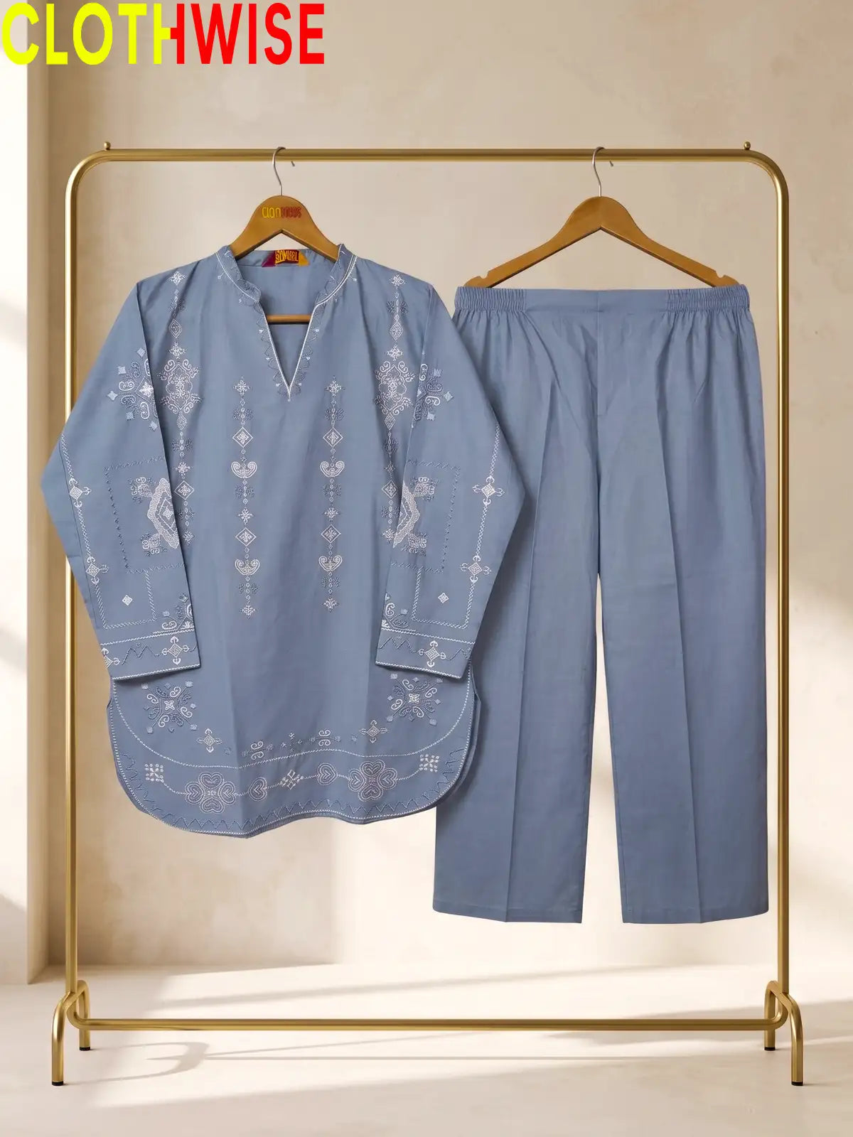 Taana Baana Dusty Blue 2-Pc Embroidered Cotton Suit – Hanger Display
