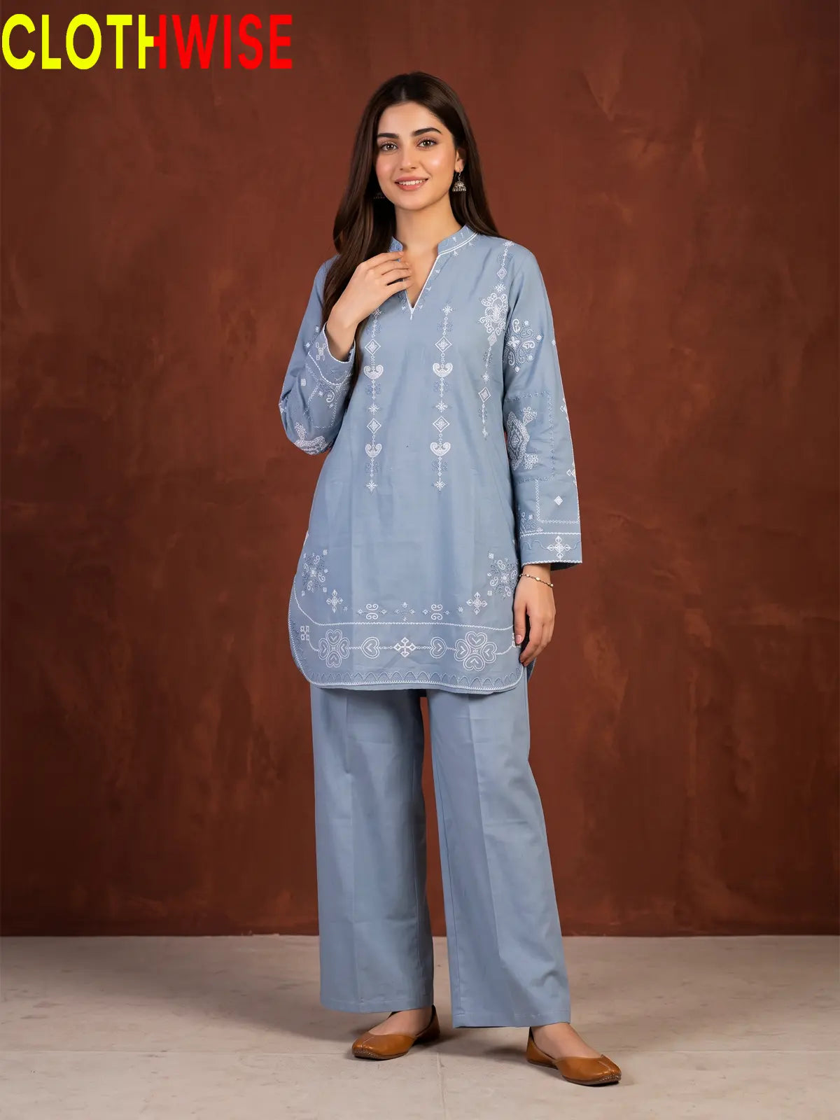 Taana Baana Dusty Blue 2-Pc Embroidered Cotton Suit – Standing View