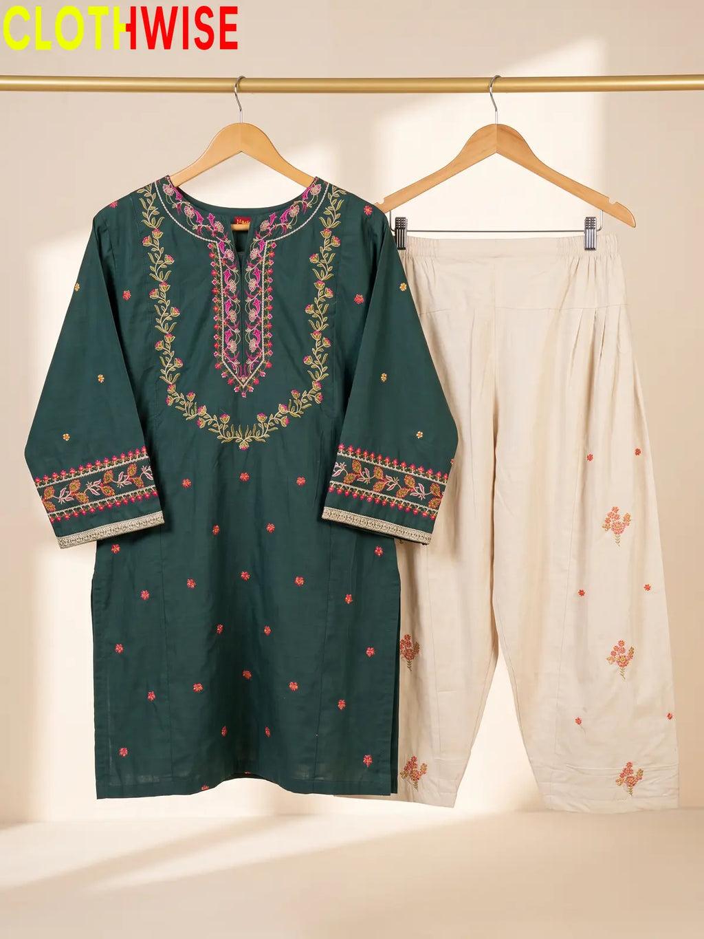 Noor – Embroidered Cotton Kurta with Floral Farshi Shalwar | 2Pc Stitched Suit
