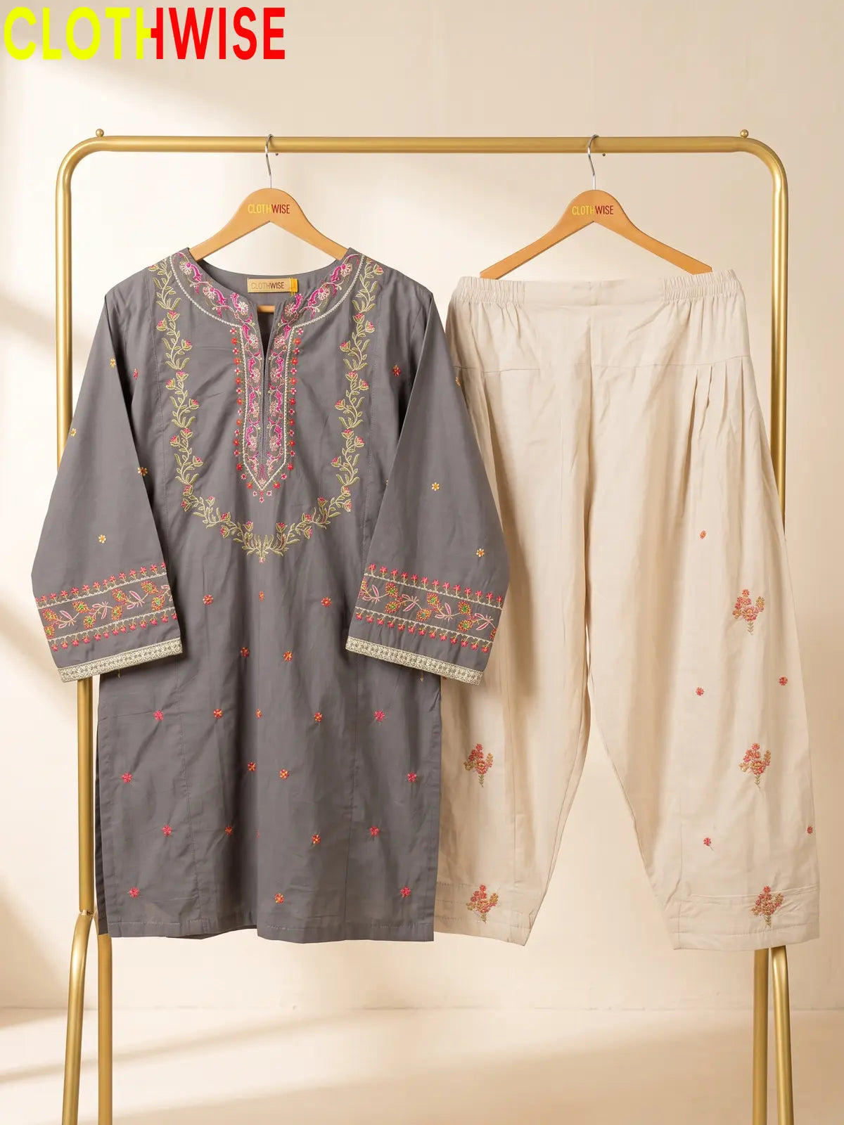 Noor – Embroidered Cotton Kurta with Floral Farshi Shalwar | 2Pc Stitched Suit