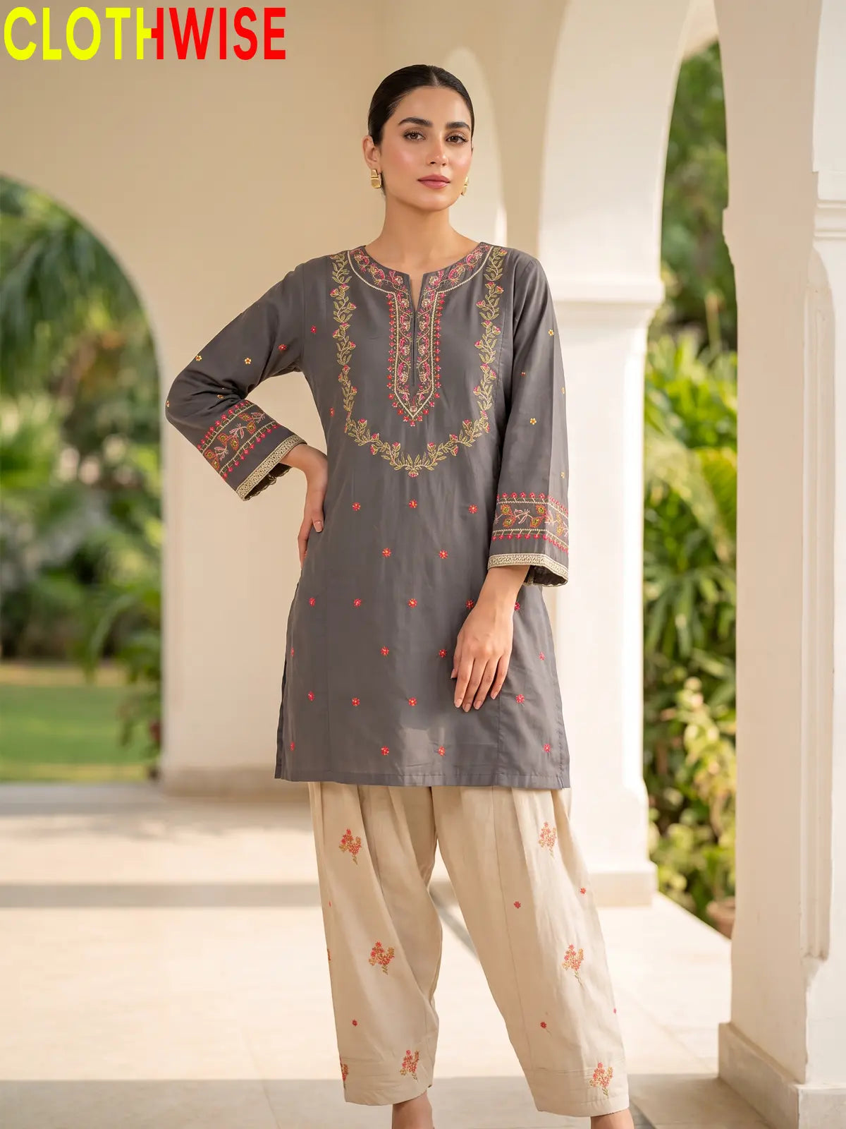 Noor – Embroidered Cotton Kurta with Floral Farshi Shalwar | 2Pc Stitched Suit