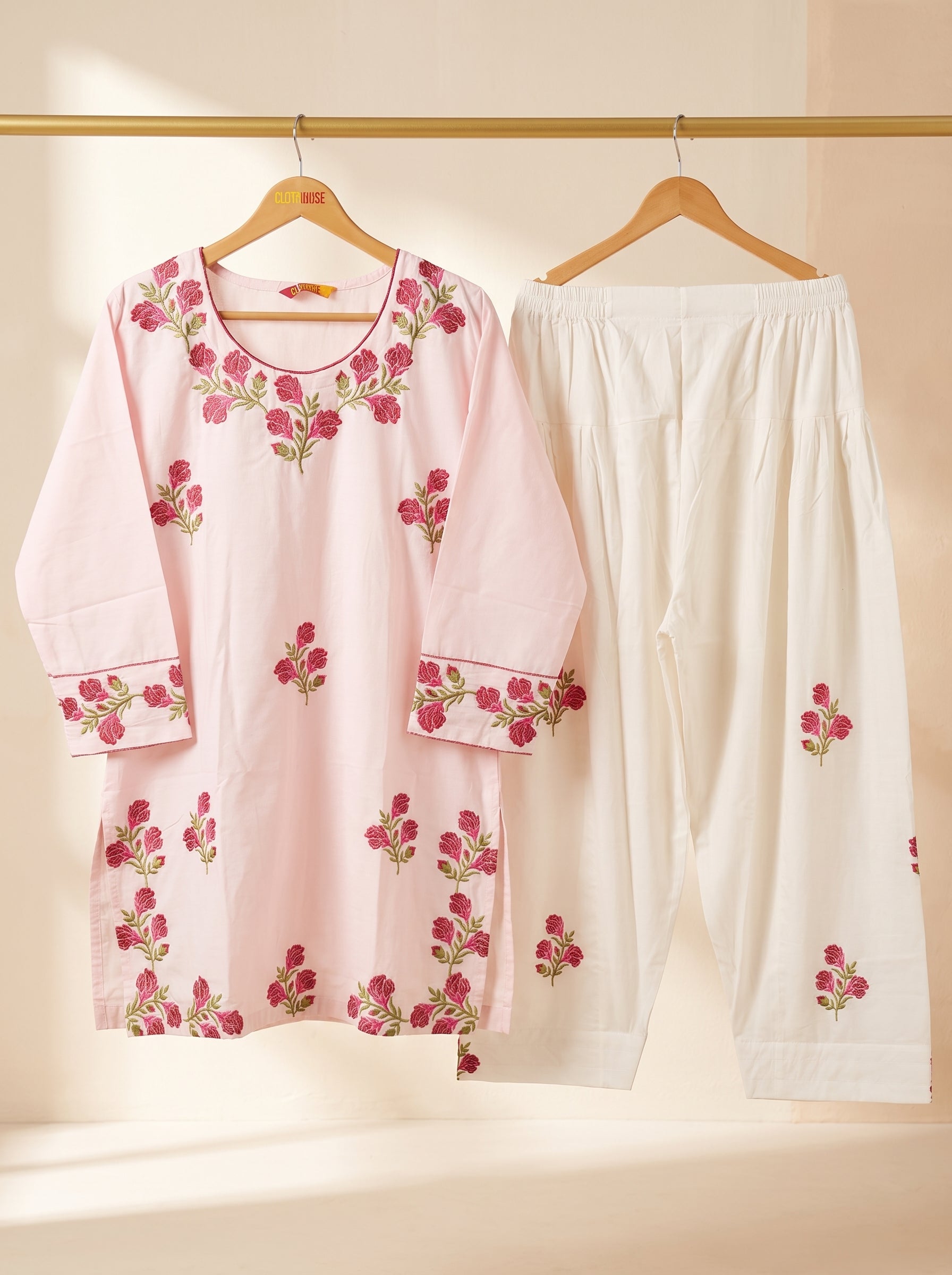 Ghulab Baby Pink Embroidered Cotton 2 Piece Suit for Women