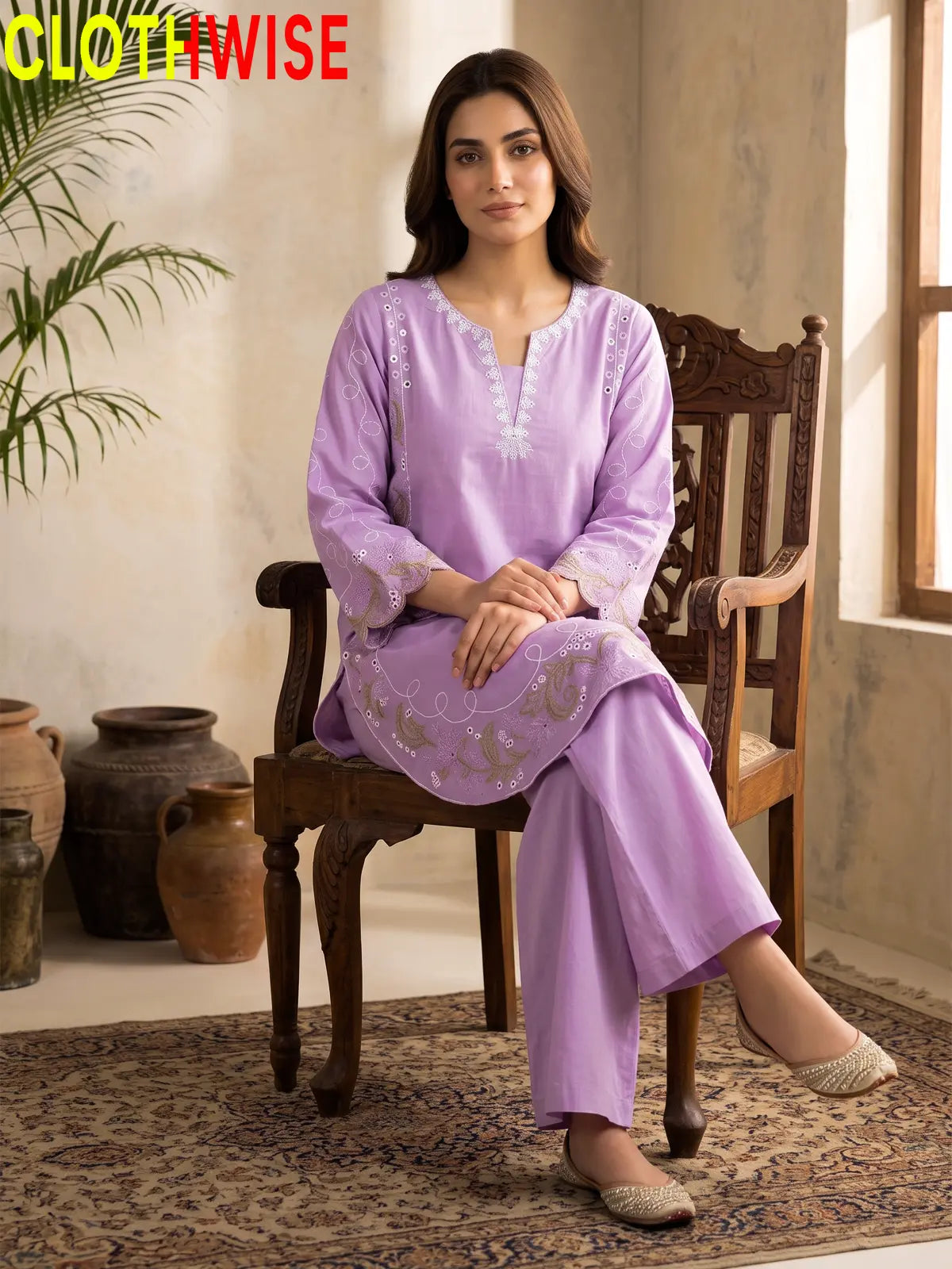 Haseen Lavender embroidered lawn suit - sitting view