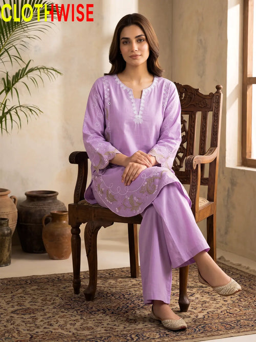 Haseen Lavender embroidered lawn suit - sitting view