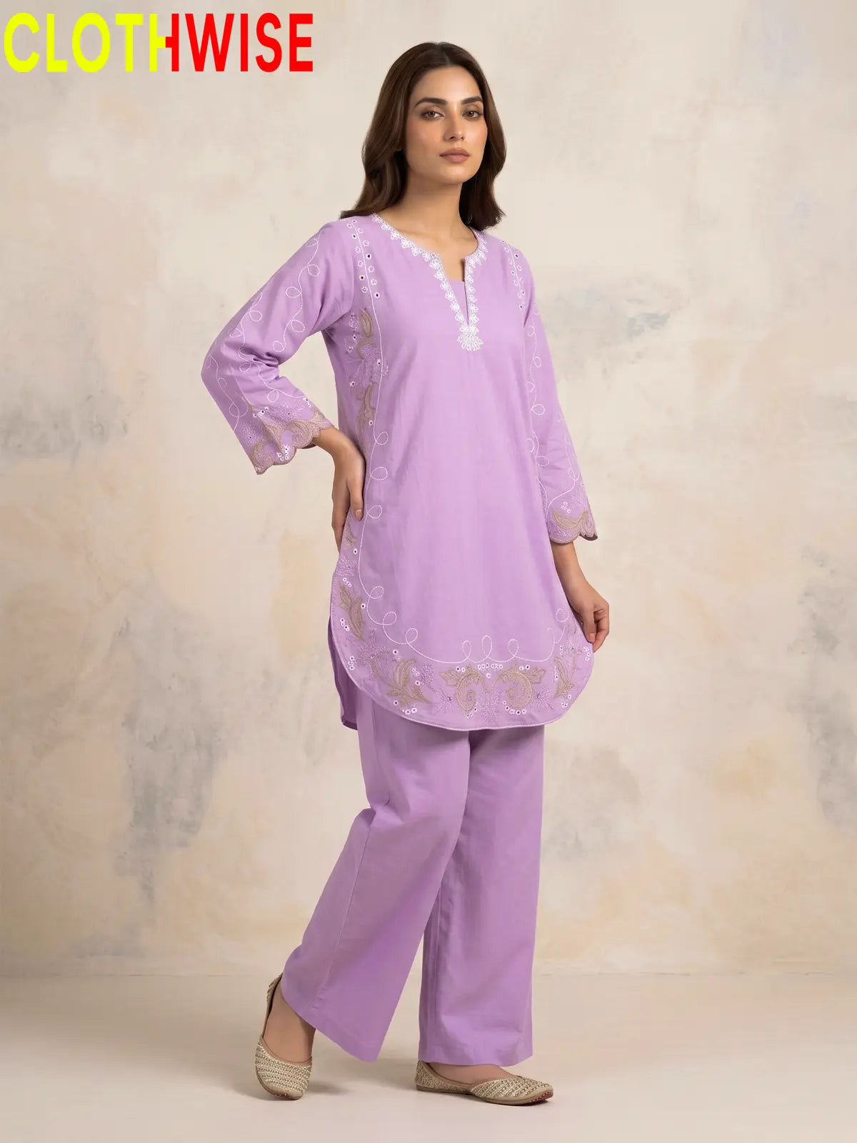 Haseen Lavender embroidered 2-piece lawn suit - front standing view