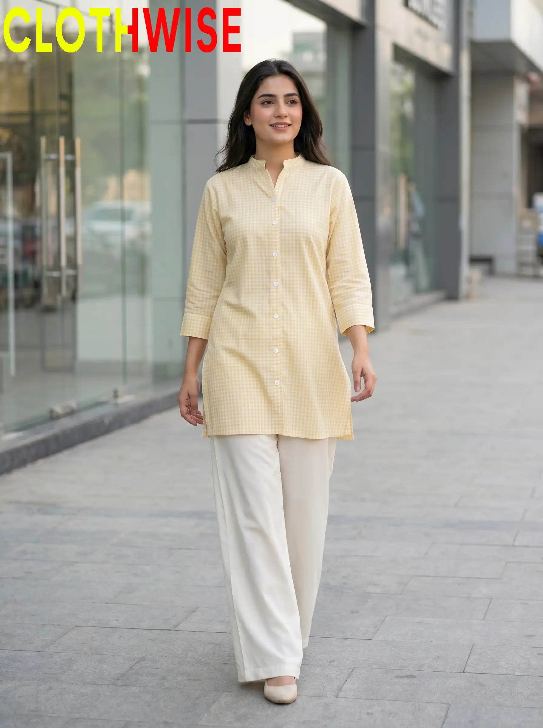 CloudWear Lemon Checkered Print 2-Pcs Printed Co-ord Suit | Stitched Cotton Flapper Set - Pakistani Women Pret | CLOTHWISE