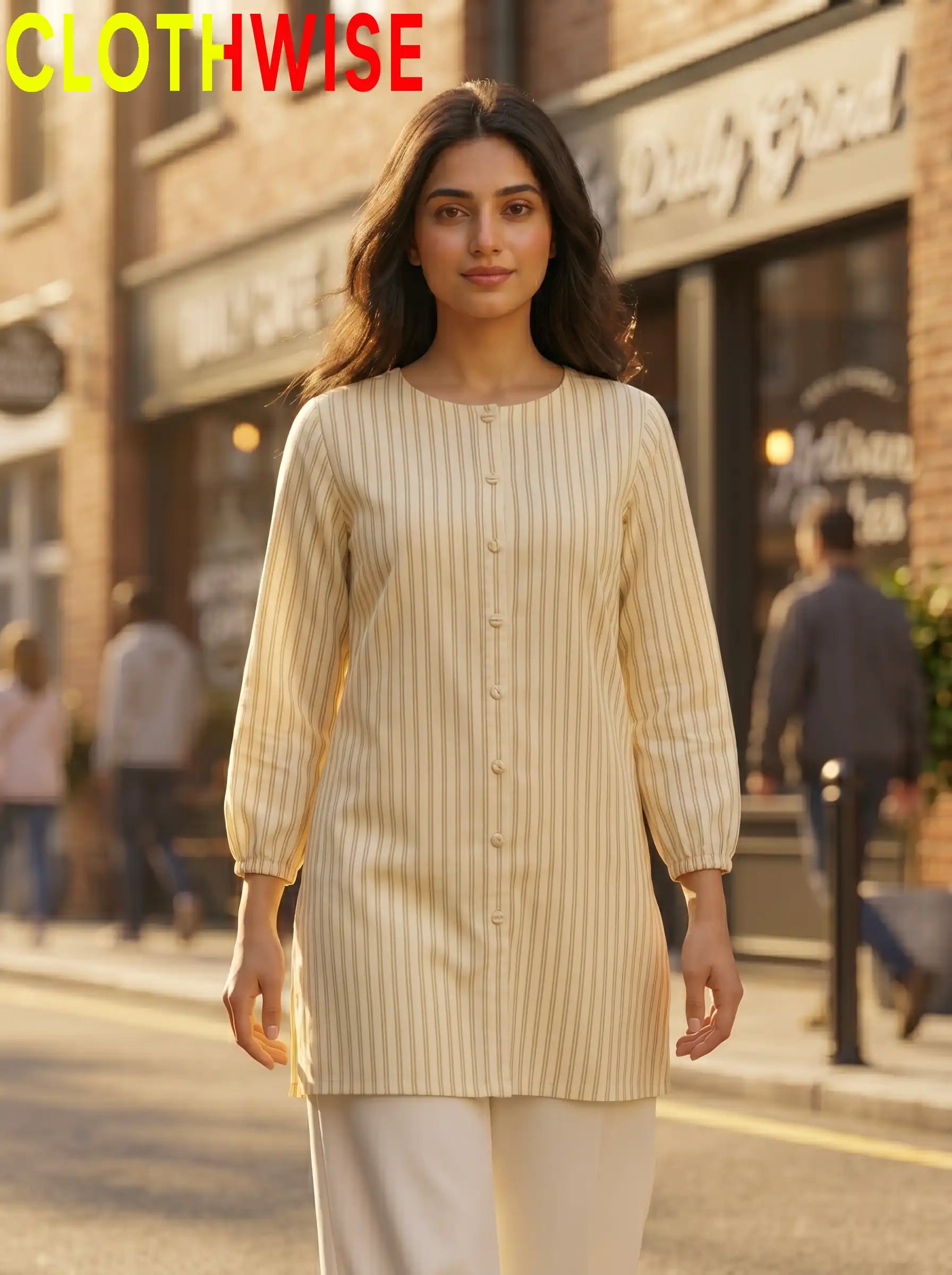 CloudWear Lemon Pinstripe 2-Pcs Printed Co-ord Suit | Stitched Cotton Flapper Set - Pakistani Women Pret | CLOTHWISE