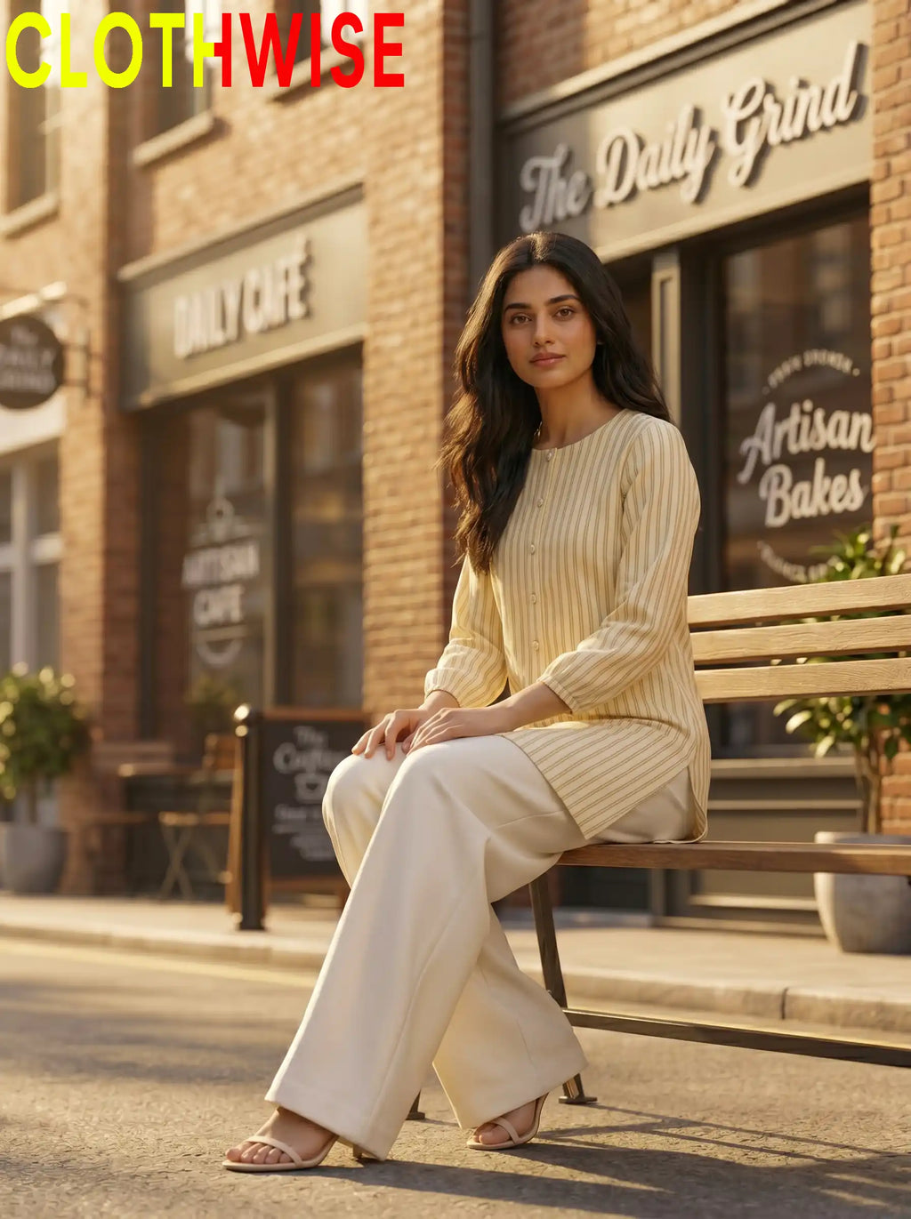 CloudWear Lemon Pinstripe Co-ord Suit Sitting View - Women 2 Piece Stitched Summer Suit