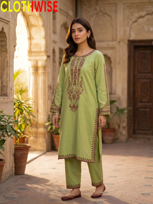 Andaz 2-Piece Embroidered Lawn Suit - Lime Green - Front Standing Pose | CLOTHWISE