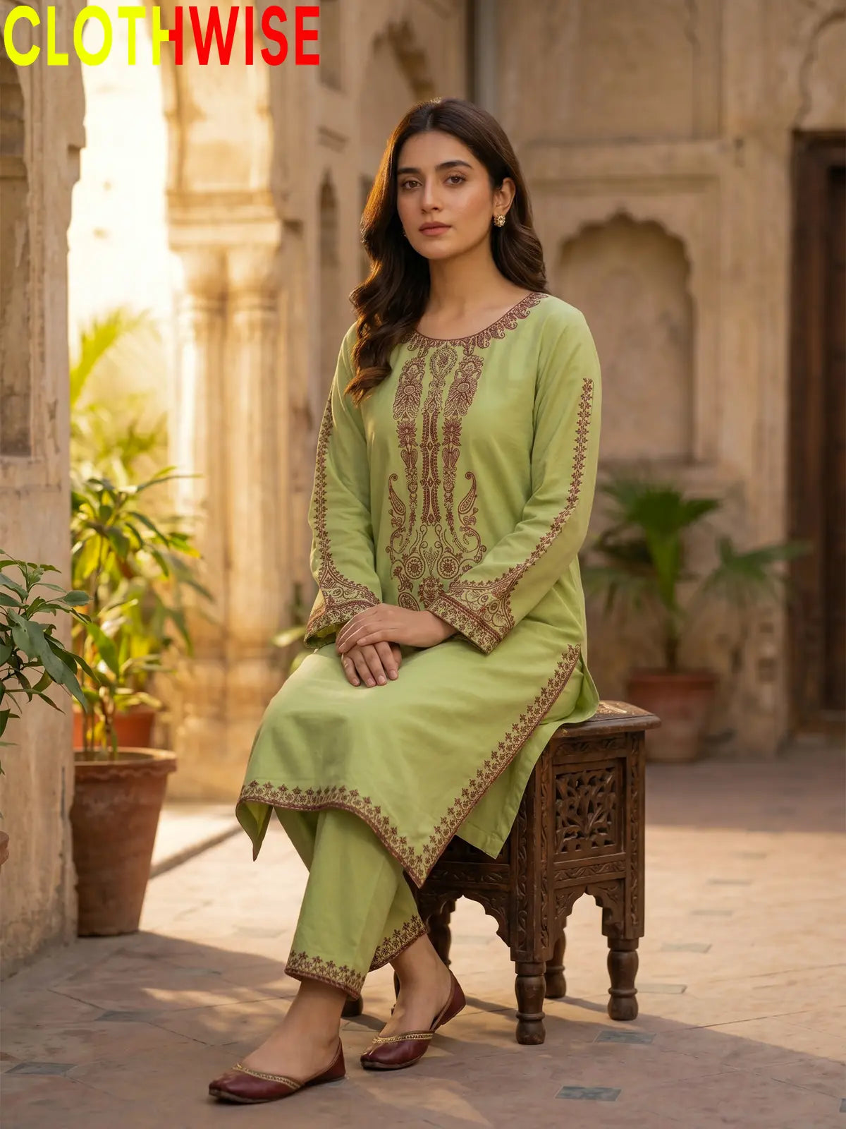 Andaz 2-Piece Embroidered Lawn Suit - Lime Green - Sitting Pose | CLOTHWISE