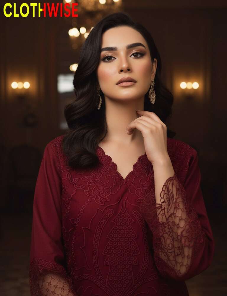 Woman wearing a burgundy lace dress with 'Clothwise' branding.