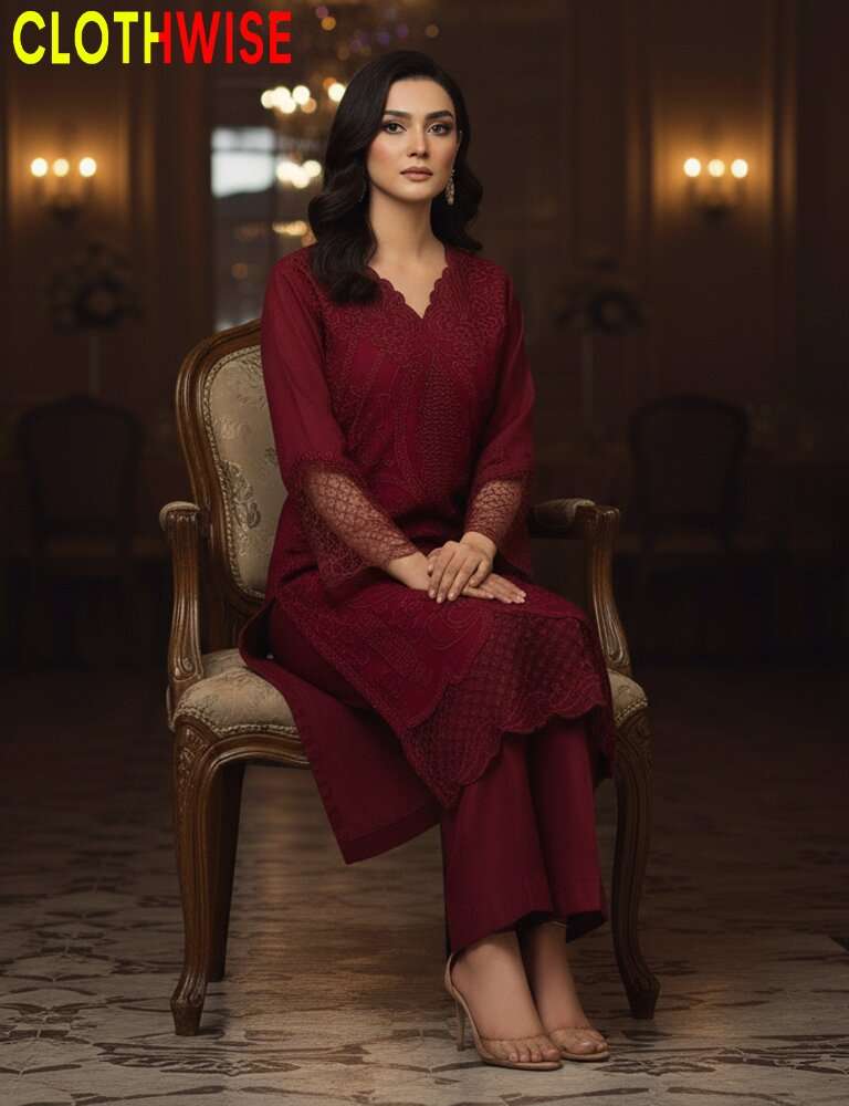 Woman in a red outfit sitting on a chair with 'Clothwise' branding.