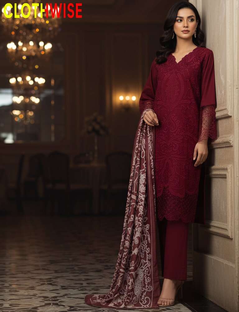 Woman in a maroon traditional outfit with a matching dupatta in a dimly lit room.