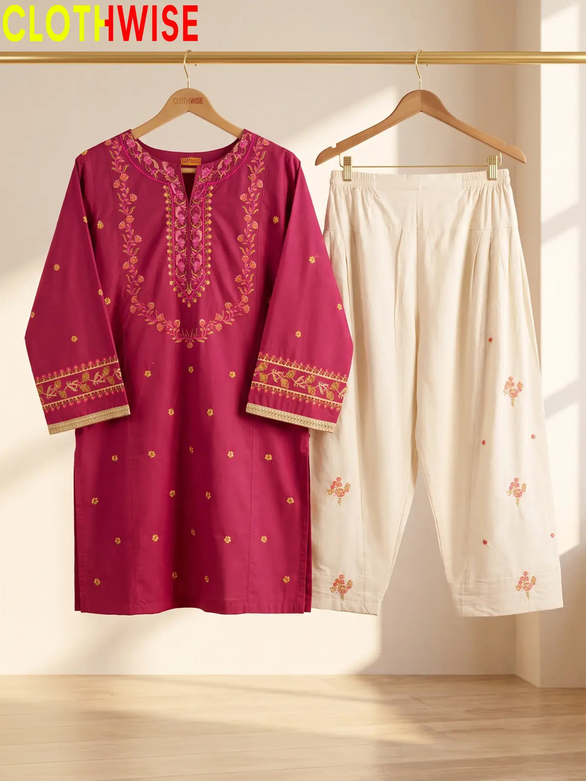 Noor – Embroidered Cotton Kurta with Floral Farshi Shalwar | 2Pc Stitched Suit