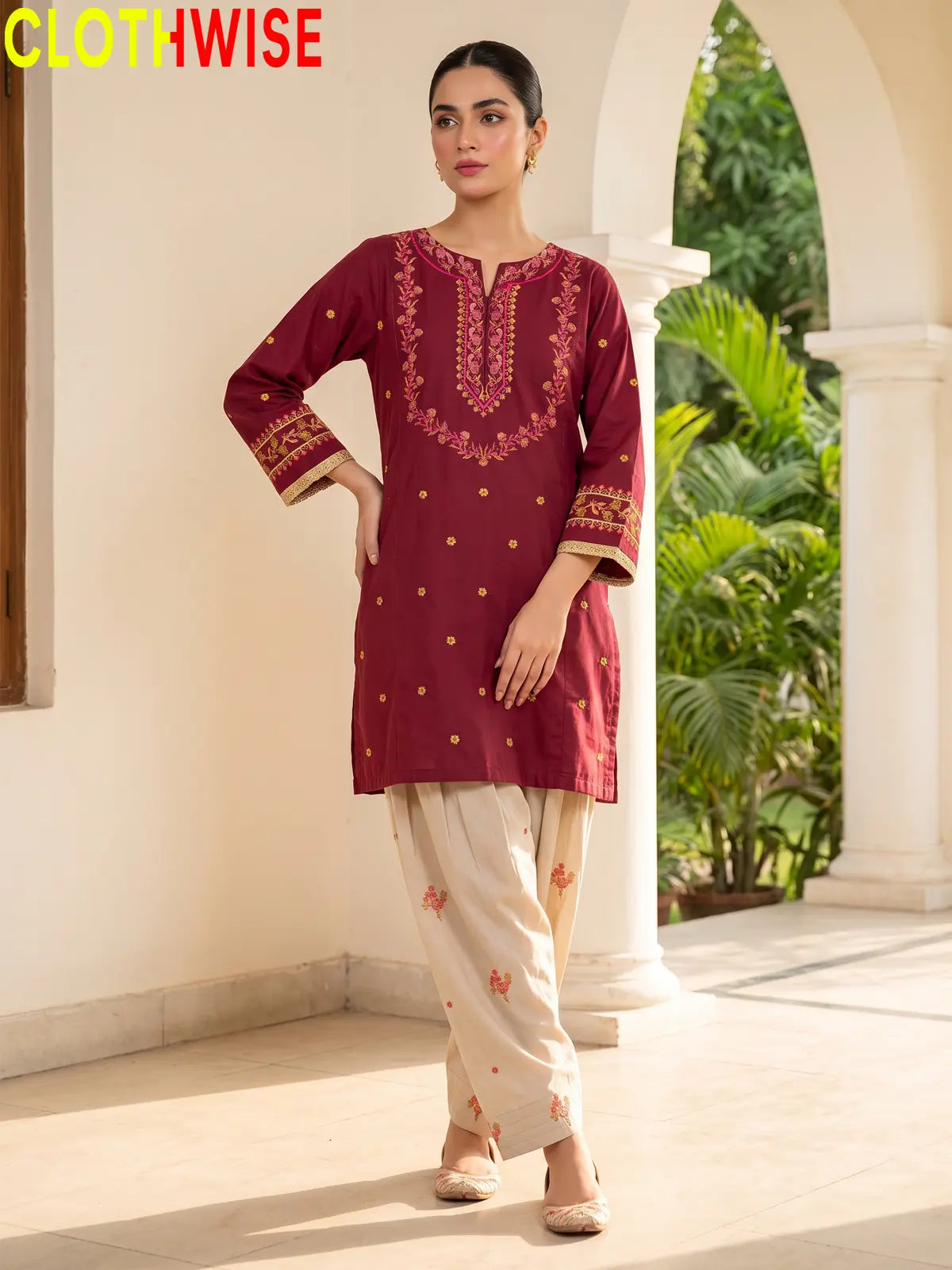 Noor – Embroidered Cotton Kurta with Floral Farshi Shalwar | 2Pc Stitched Suit