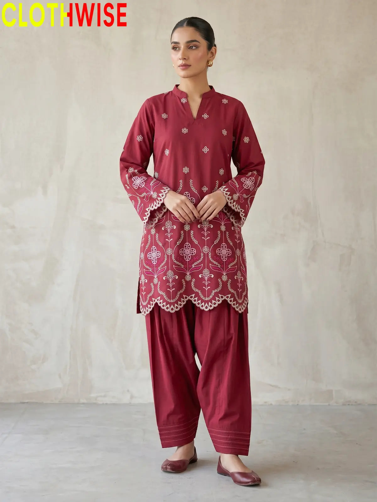 Adaa Maroon Laser Embroidered 2-Piece Lawn Co-ord Set – Full Standing View